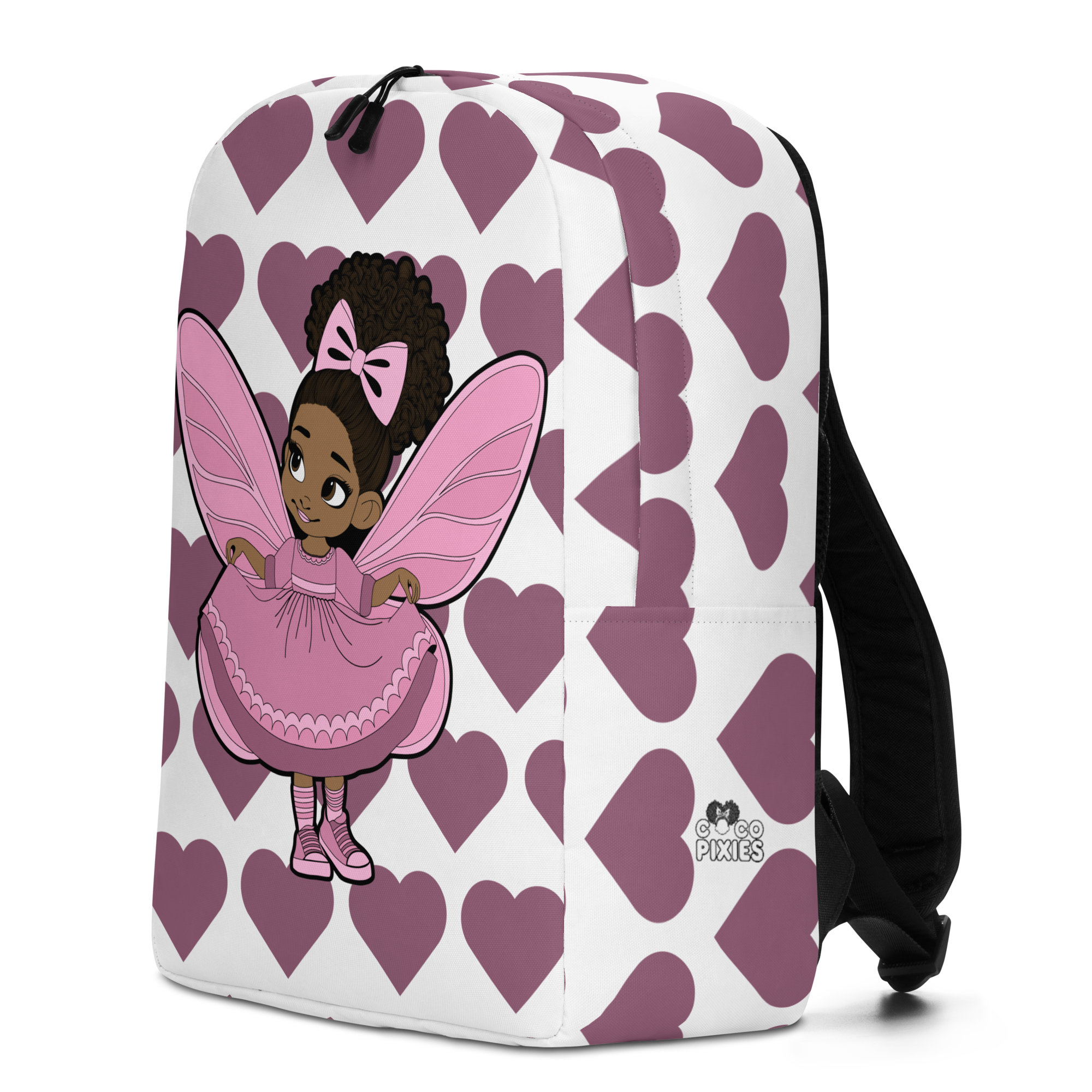 Darling Daphne character backpack by Coco Pixies with curly afro puff artwork and pink-and-mauve hearts.