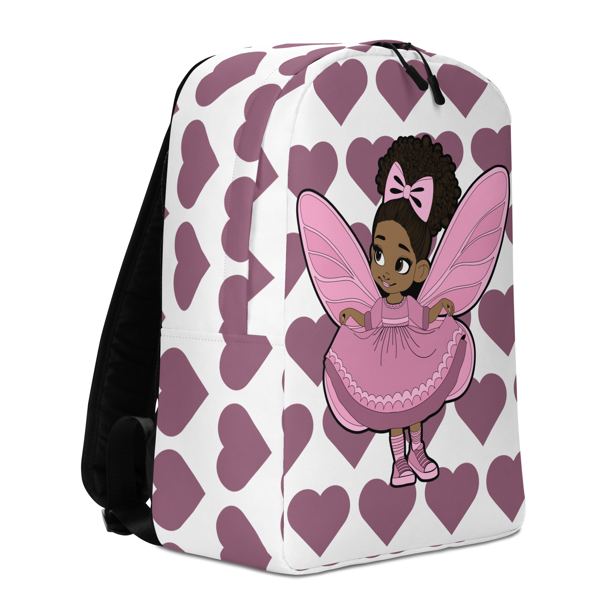 Darling Daphne character backpack by Coco Pixies with curly afro puff artwork and pink-and-mauve hearts.