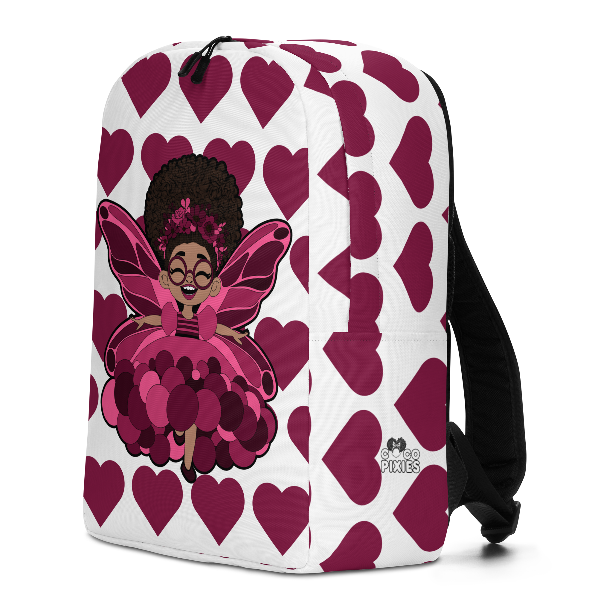 Delightful Daisy Pixie Backpack by Coco Pixies with burgundy hearts, pink wings, glasses and curly afro puff
