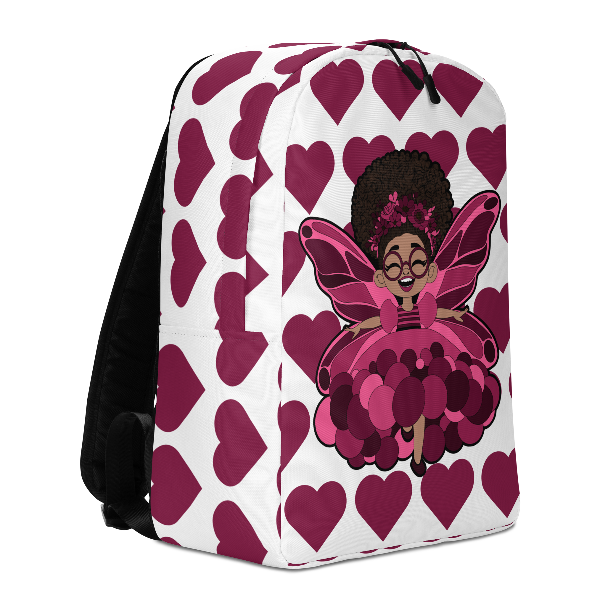 Delightful Daisy Pixie Backpack by Coco Pixies with burgundy hearts, pink wings, glasses and curly afro puff