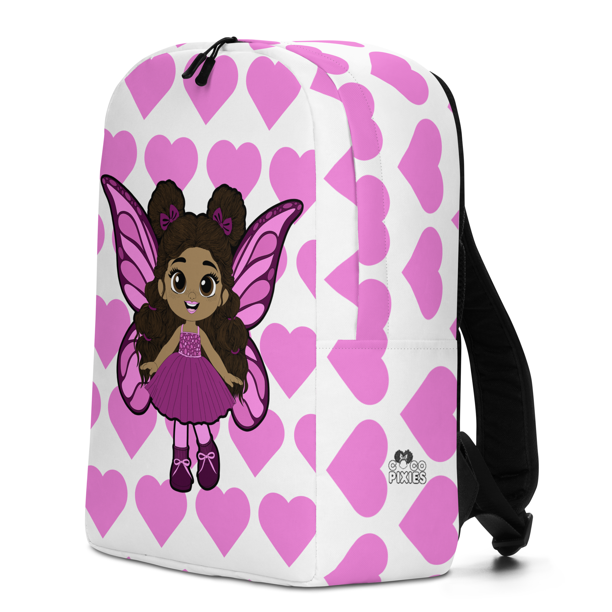 Fiona Flutter Pixie Backpack by Coco Pixies with a Black girl pixie and pink signature heart pattern