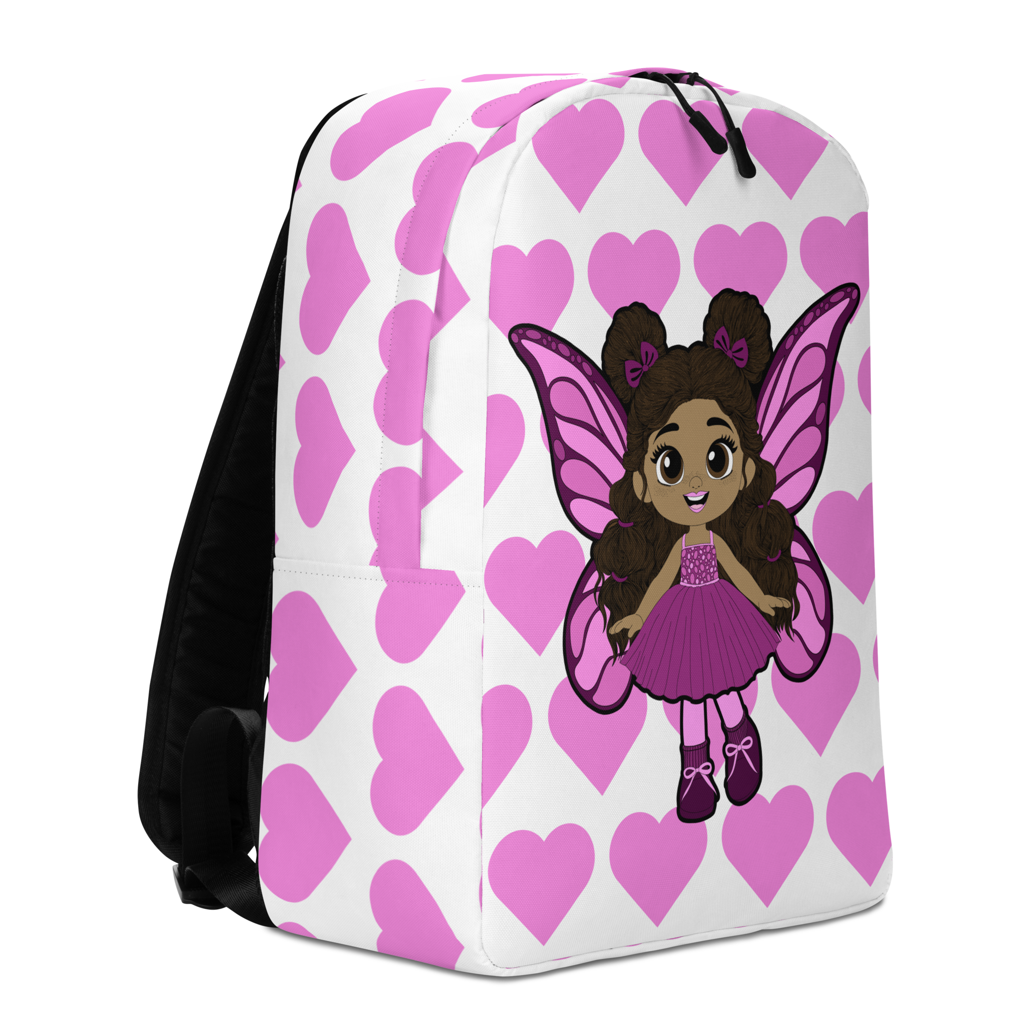 Fiona Flutter Pixie Backpack by Coco Pixies with a Black girl pixie and pink signature heart pattern