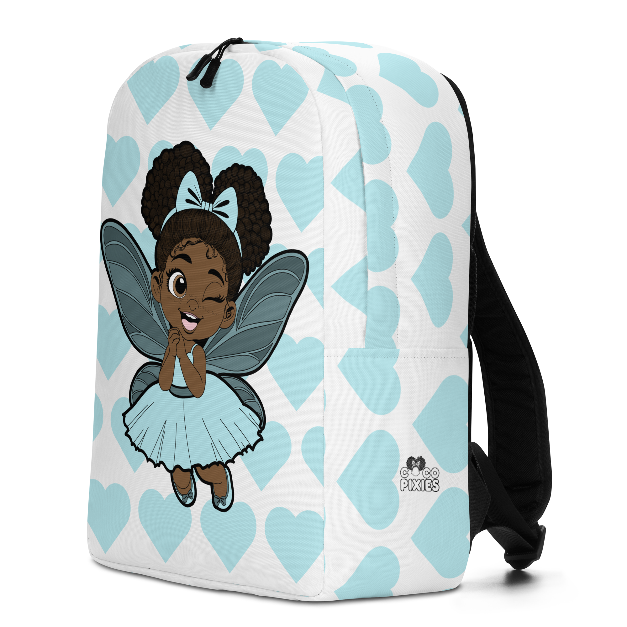 Coco Pixies Gleeful Grace girls backpack featuring a Black girl pixie and aqua signature heart pattern