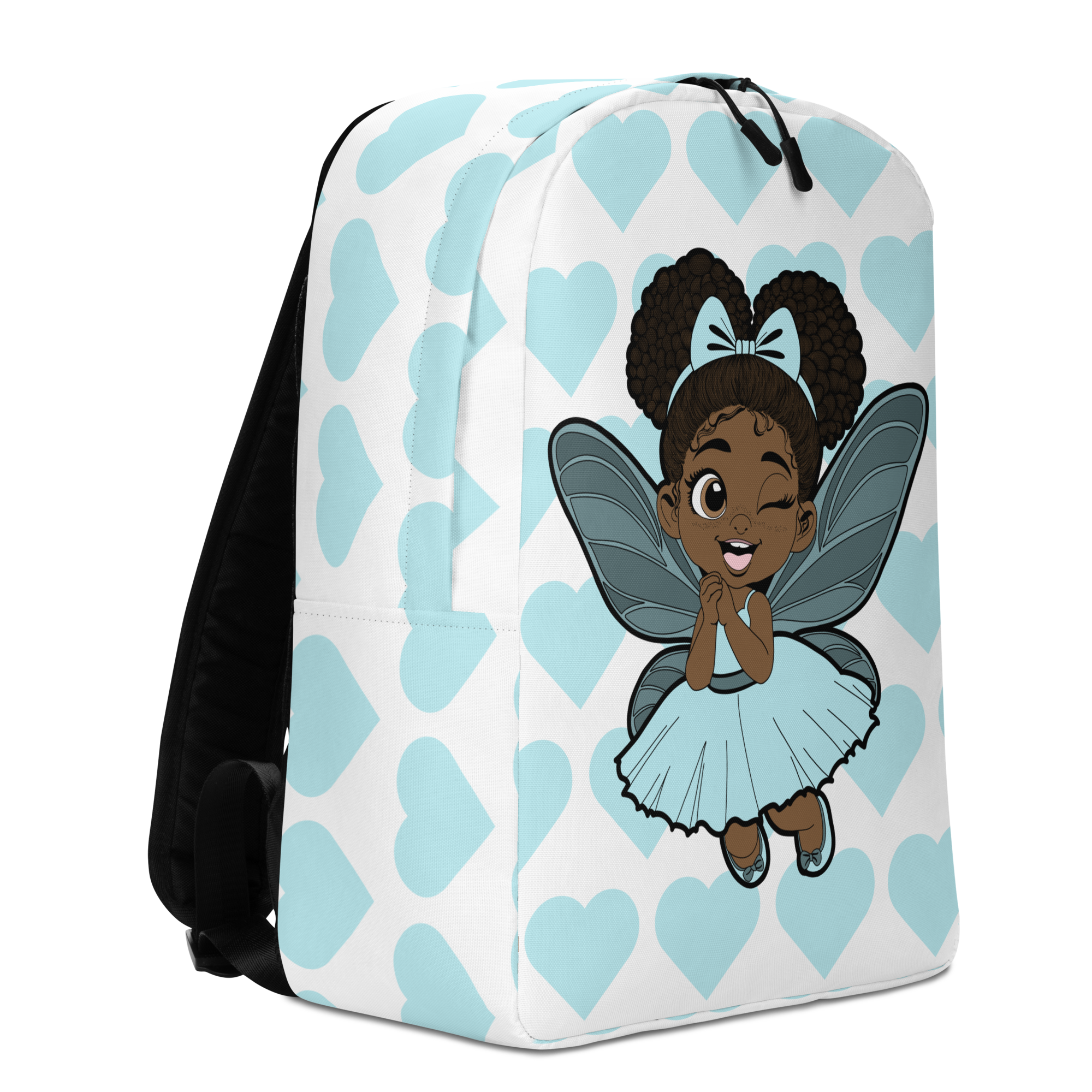 Coco Pixies Gleeful Grace girls backpack featuring a Black girl pixie and aqua signature heart pattern