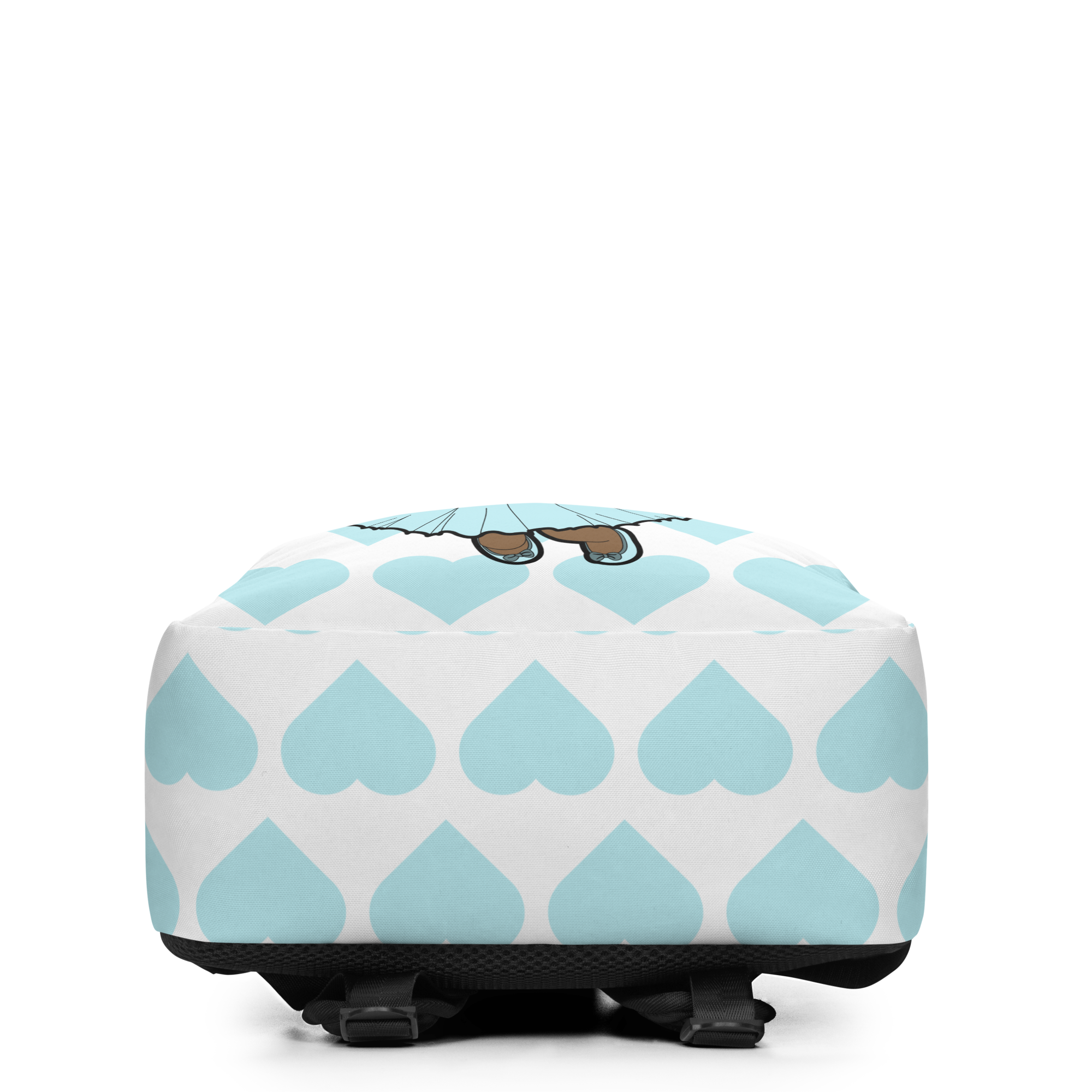 Coco Pixies Gleeful Grace girls backpack featuring a Black girl pixie and aqua signature heart pattern