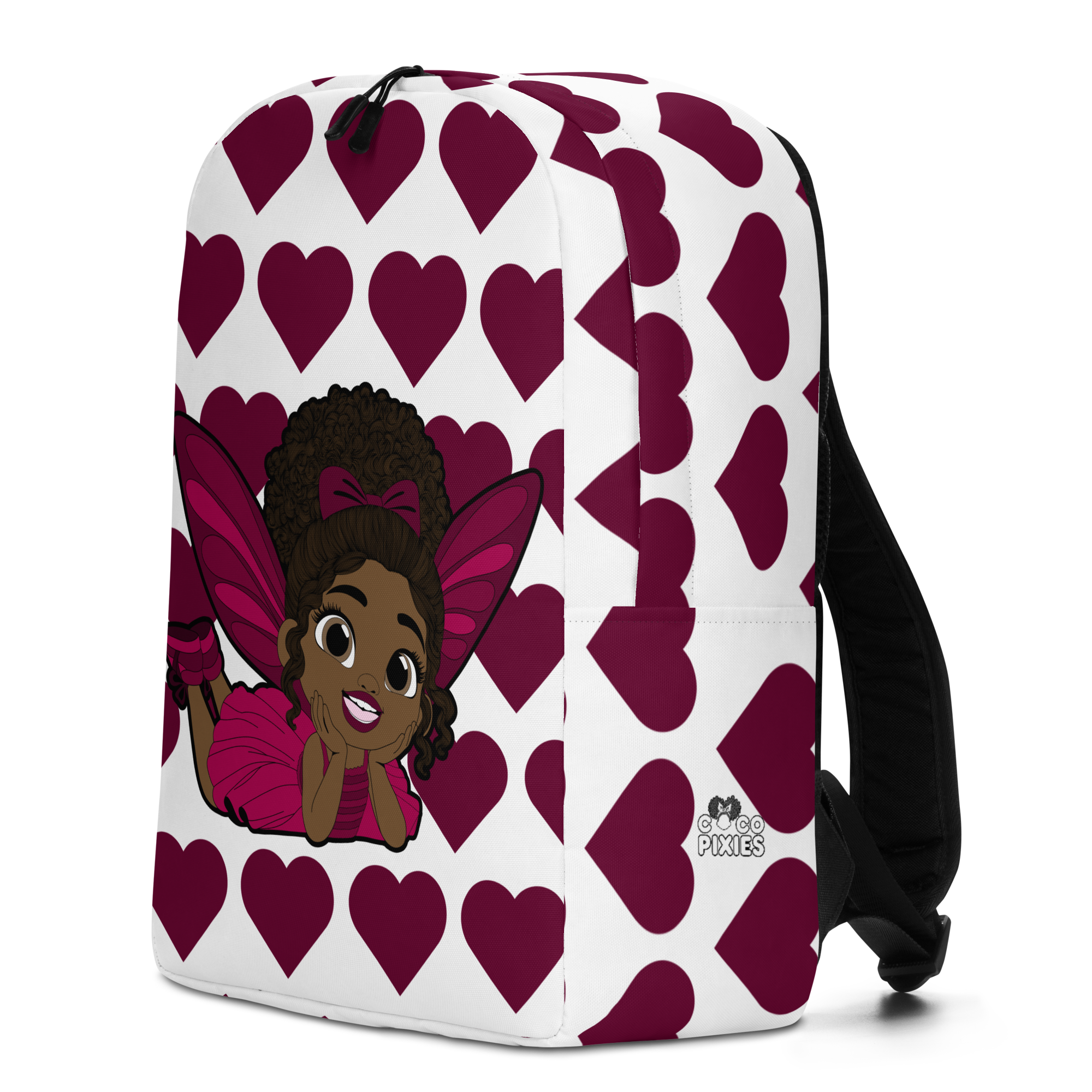 Happy Harper Pixie Backpack by Coco Pixies with a burgundy signature heart pattern and Black pixie character