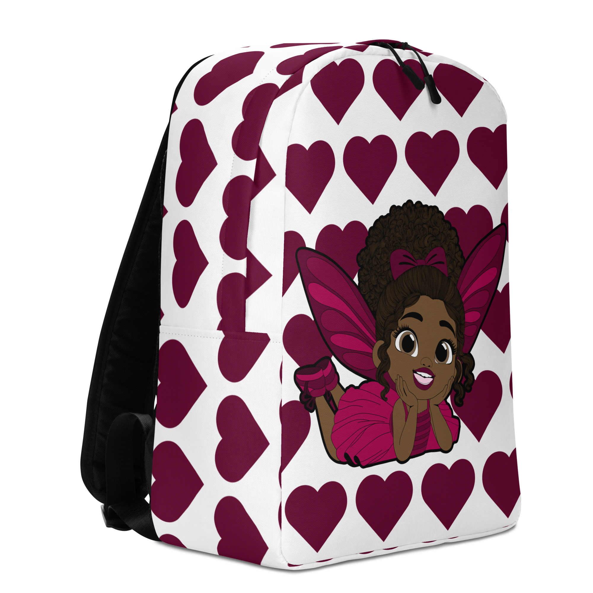 Happy Harper Pixie Backpack by Coco Pixies with a burgundy signature heart pattern and Black pixie character