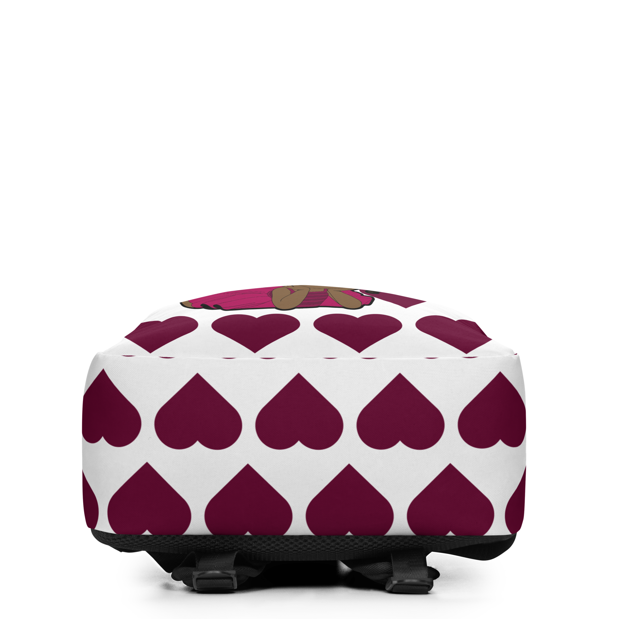 Happy Harper Pixie Backpack by Coco Pixies with a burgundy signature heart pattern and Black pixie character