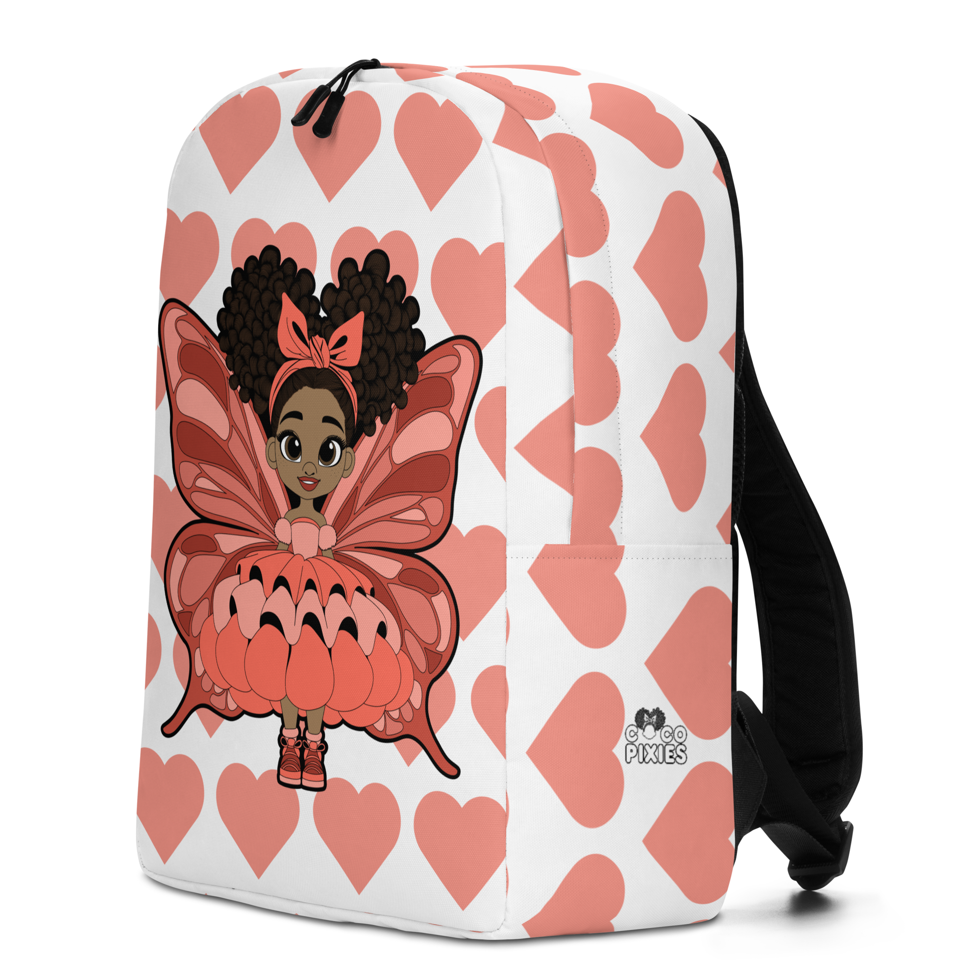 Lovely Layla Pixie Backpack by Coco Pixies with coral hearts, afro puffs, detailed wings and a white background