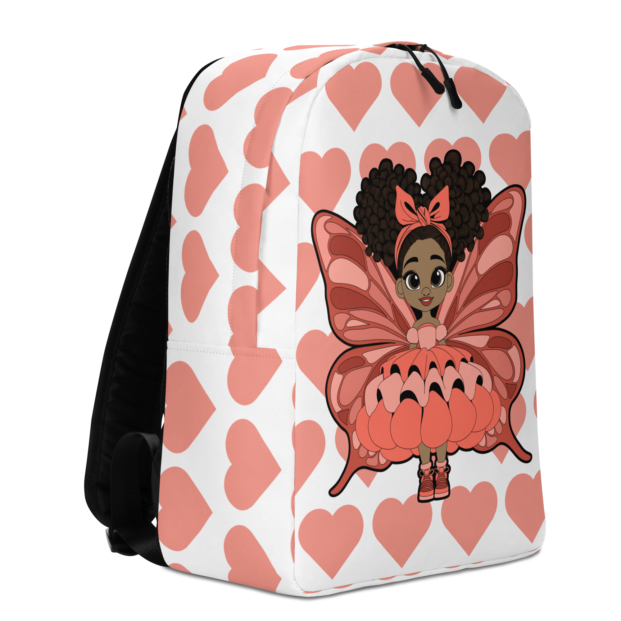 Lovely Layla Pixie Backpack by Coco Pixies with coral hearts, afro puffs, detailed wings and a white background
