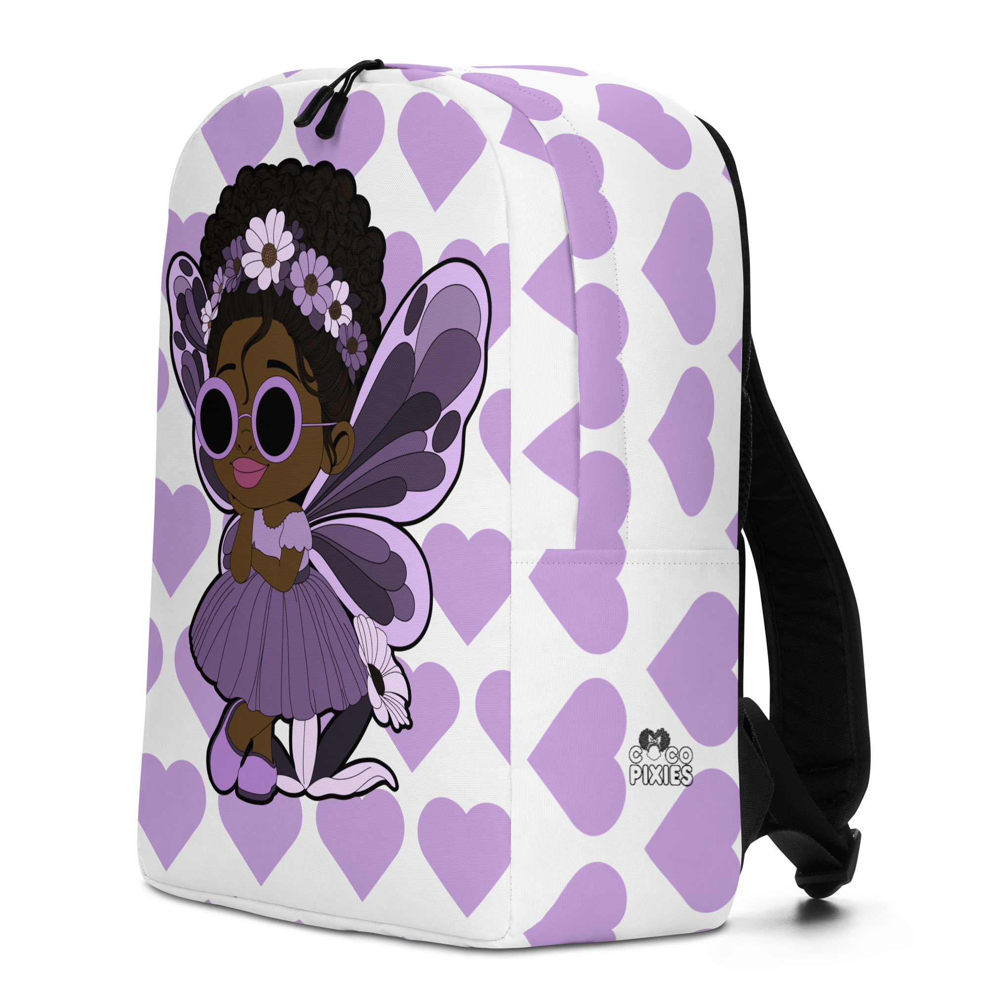 Marvelous Mia Pixie Backpack by Coco Pixies with a Black girl pixie, purple wings and lavender signature heart pattern