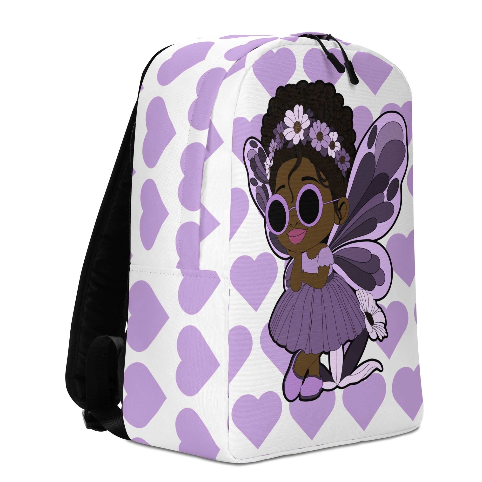 Marvelous Mia Pixie Backpack by Coco Pixies with a Black girl pixie, purple wings and lavender signature heart pattern