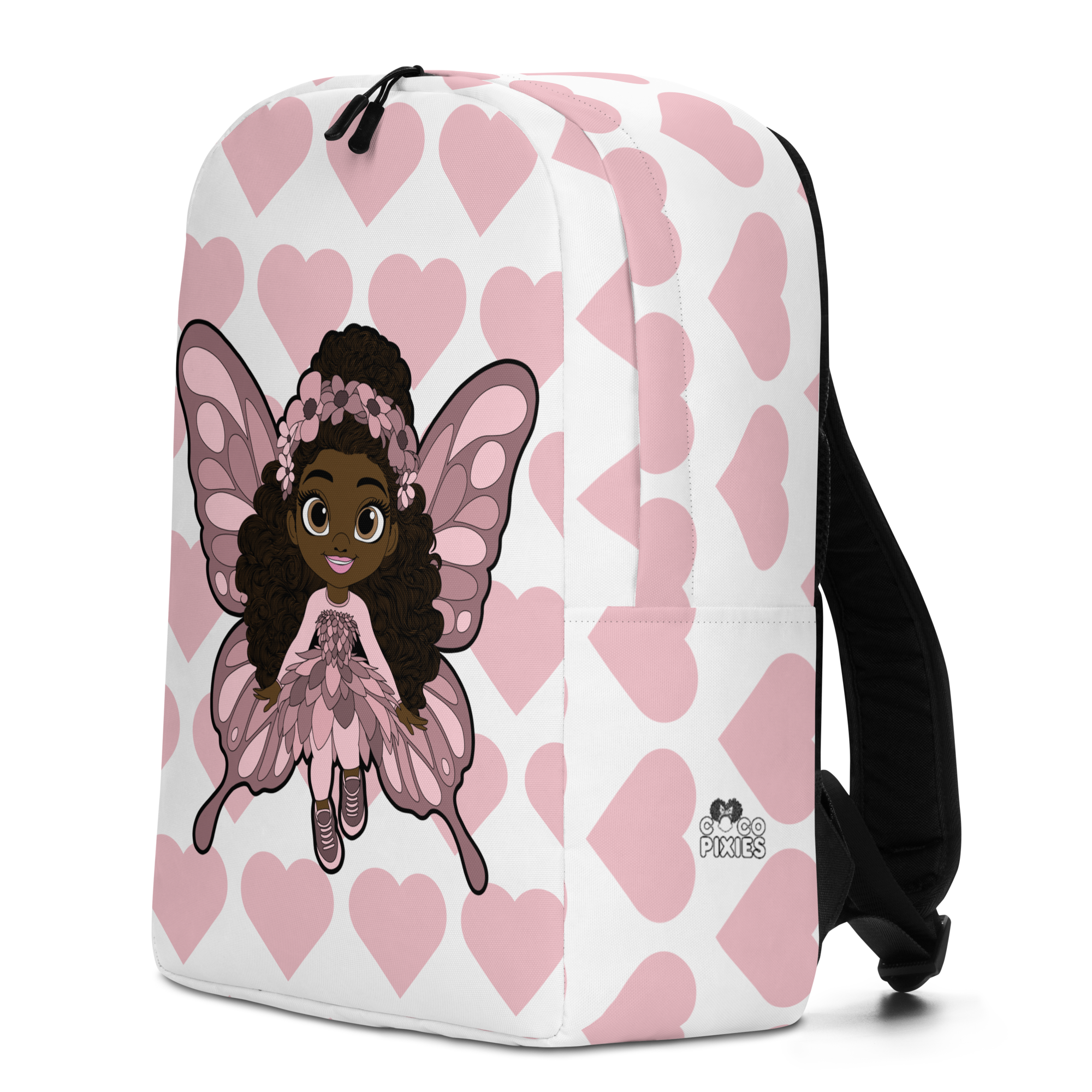 Penelope Pixie Backpack by Coco Pixies with a Black girl pixie, curly hair, pink wings and signature heart pattern