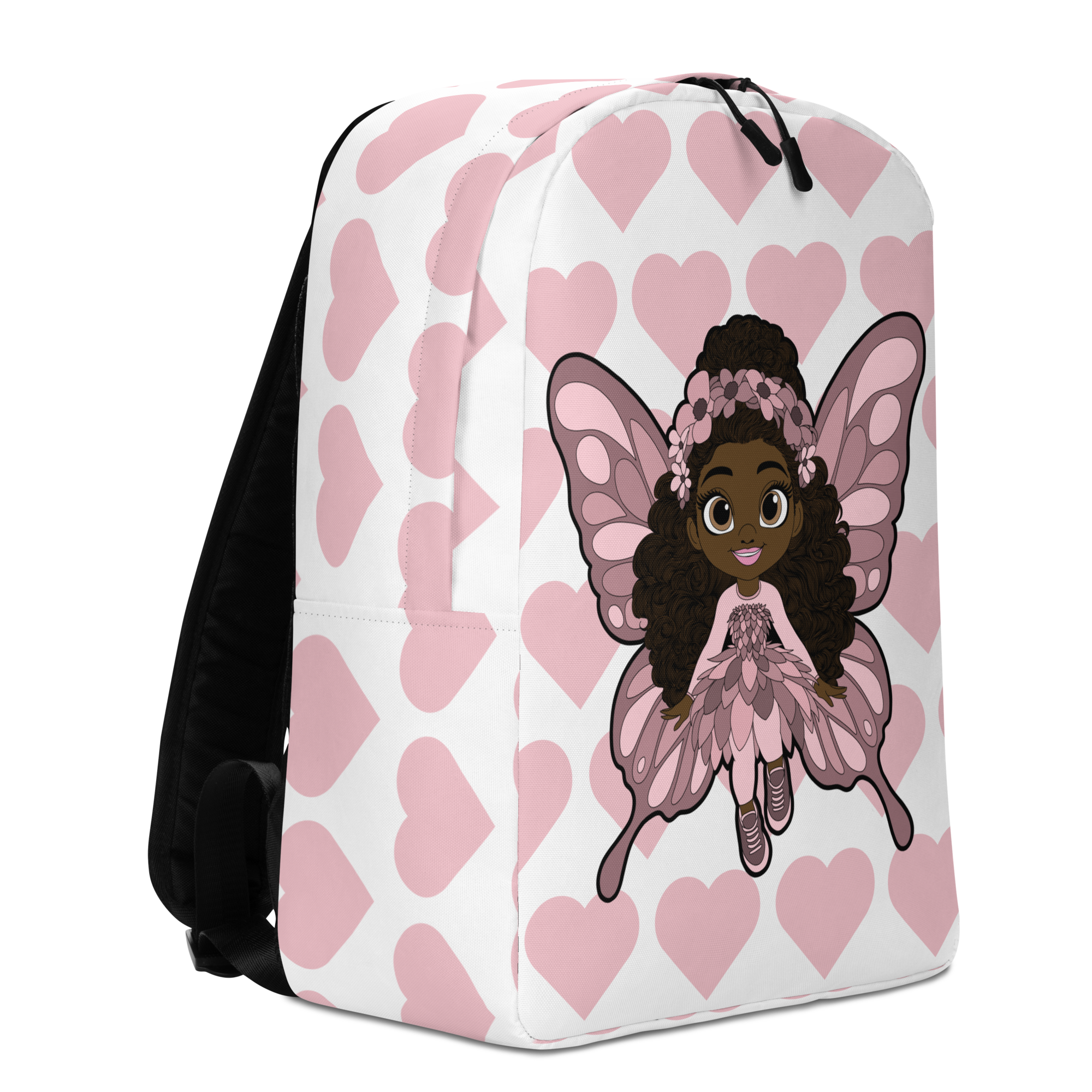Penelope Pixie Backpack by Coco Pixies with a Black girl pixie, curly hair, pink wings and signature heart pattern