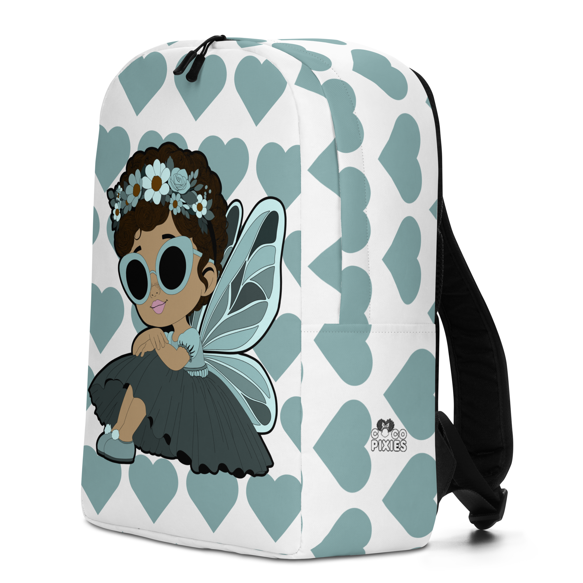 Pixie Piper Backpack by Coco Pixies with aqua signature hearts, floral crown, sunglasses, and pixie wings