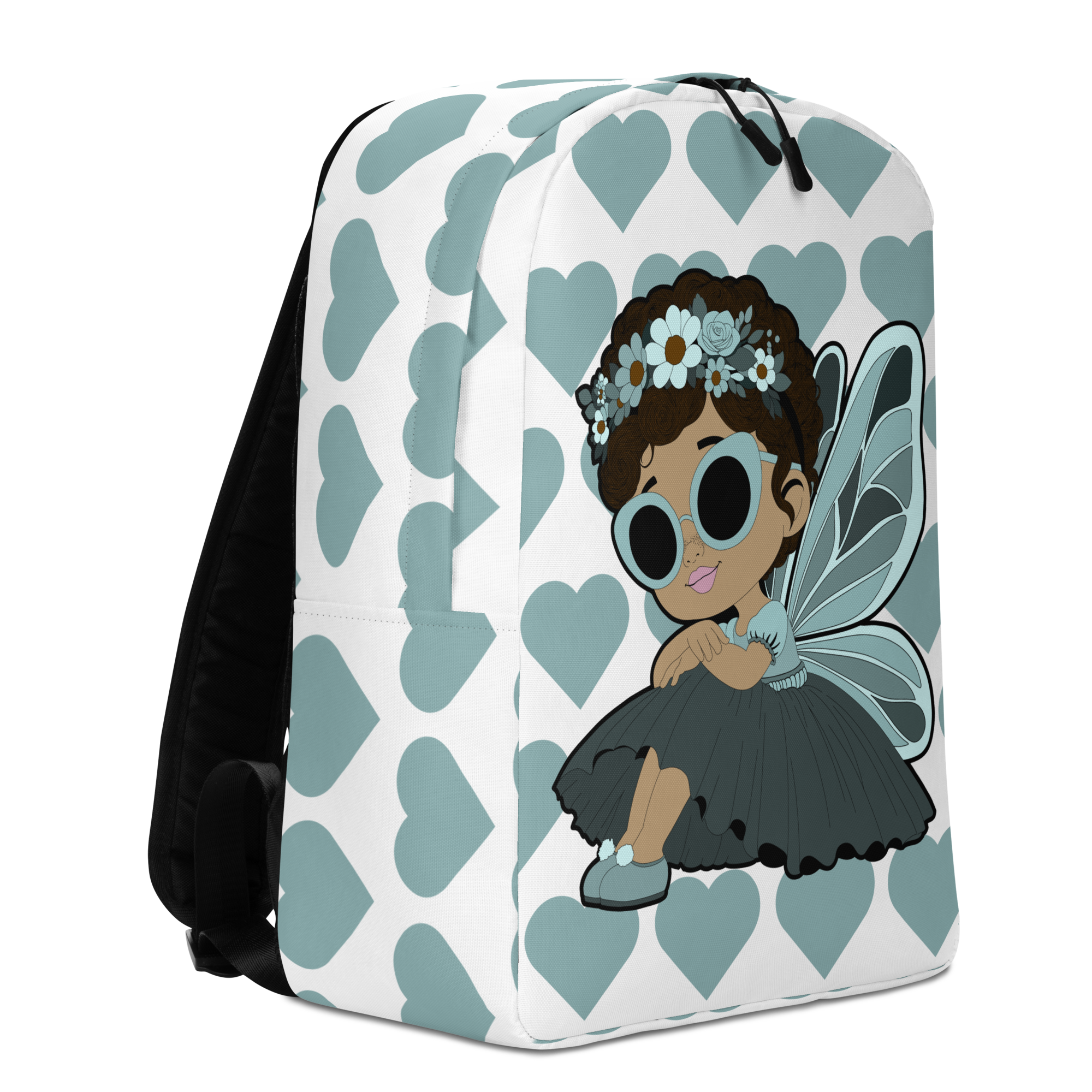 Pixie Piper Backpack by Coco Pixies with aqua signature hearts, floral crown, sunglasses, and pixie wings