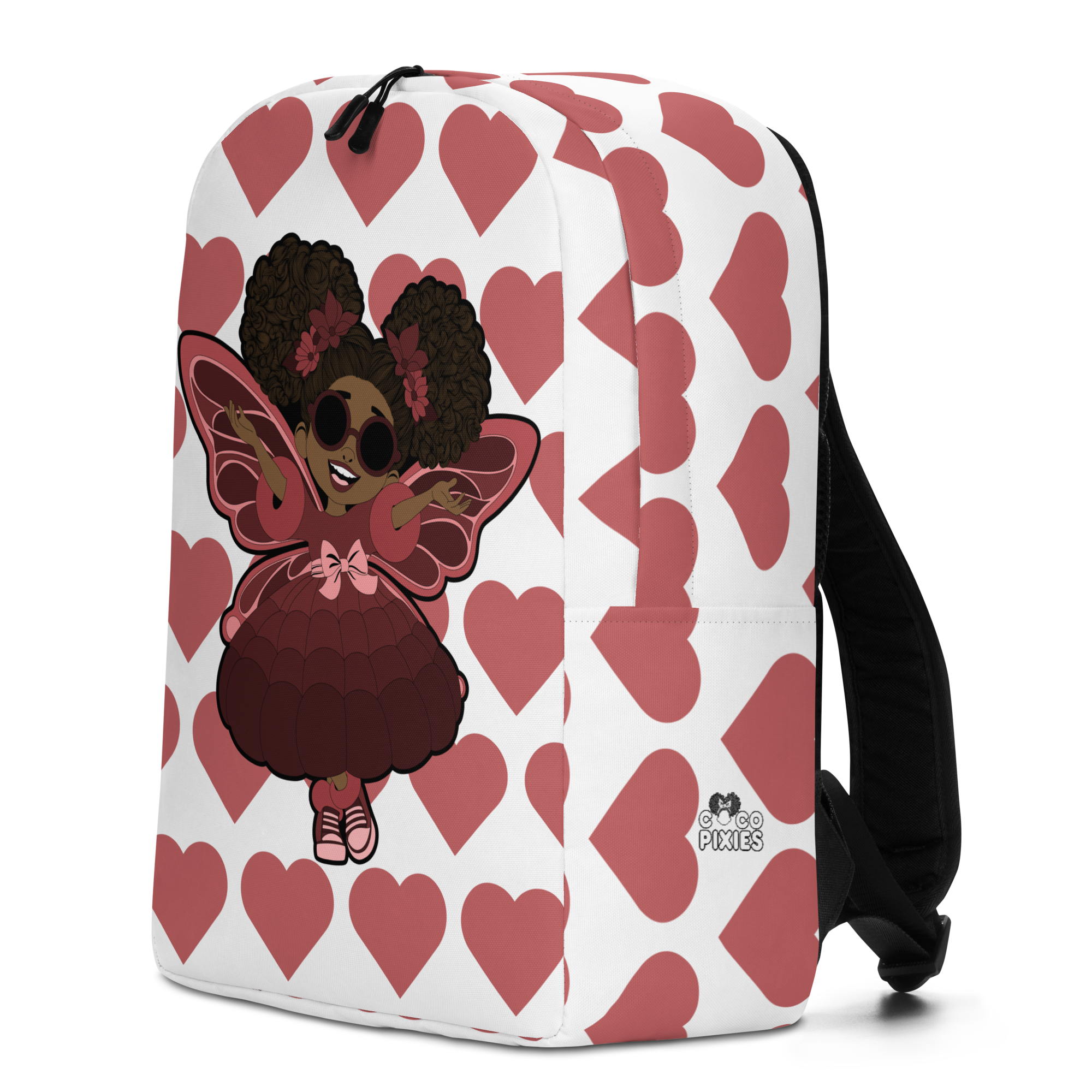 Radiant Ruby Backpack by Coco Pixies with a Black girl pixie, curly afro puffs and dusty rose heart pattern