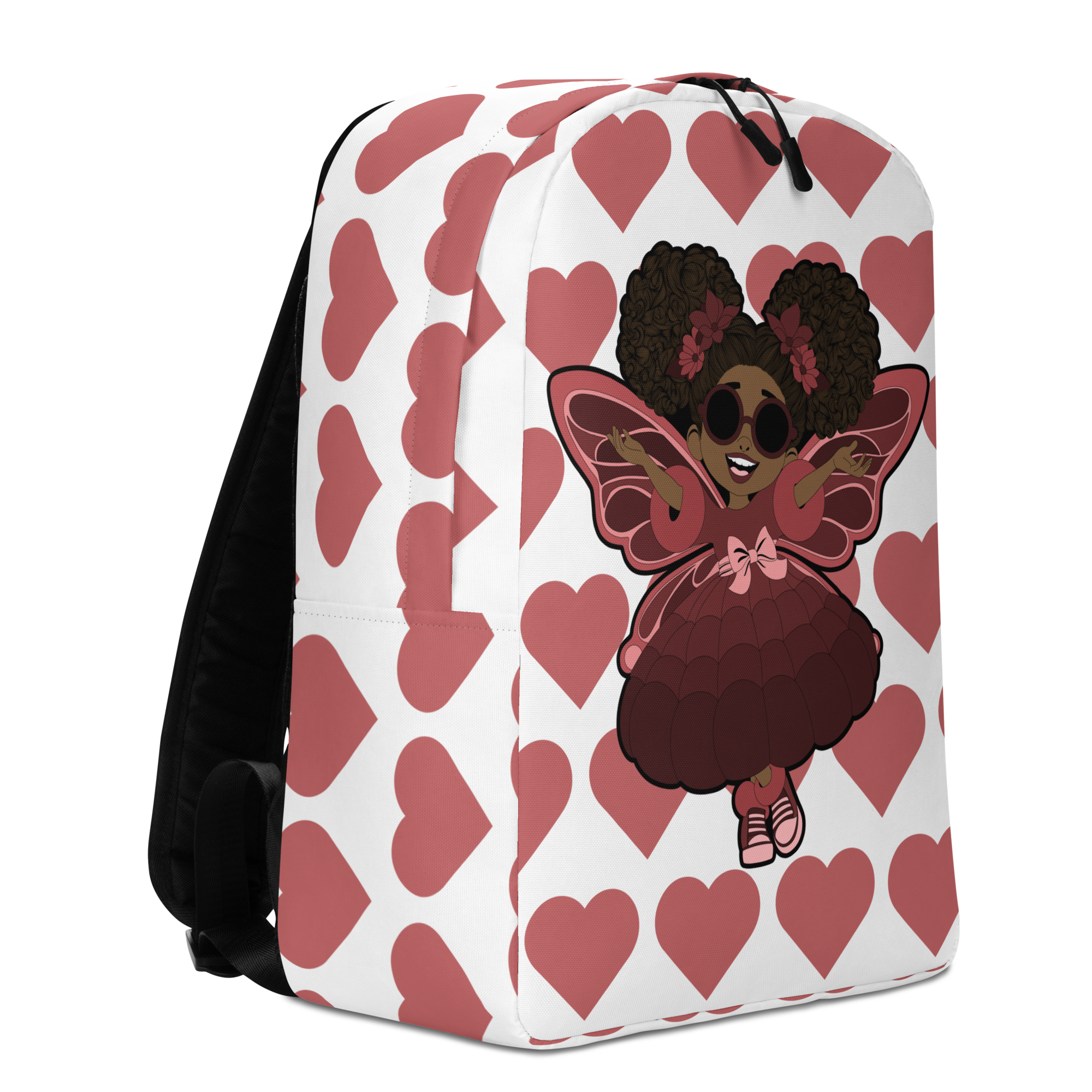 Radiant Ruby Backpack by Coco Pixies with a Black girl pixie, curly afro puffs and dusty rose heart pattern
