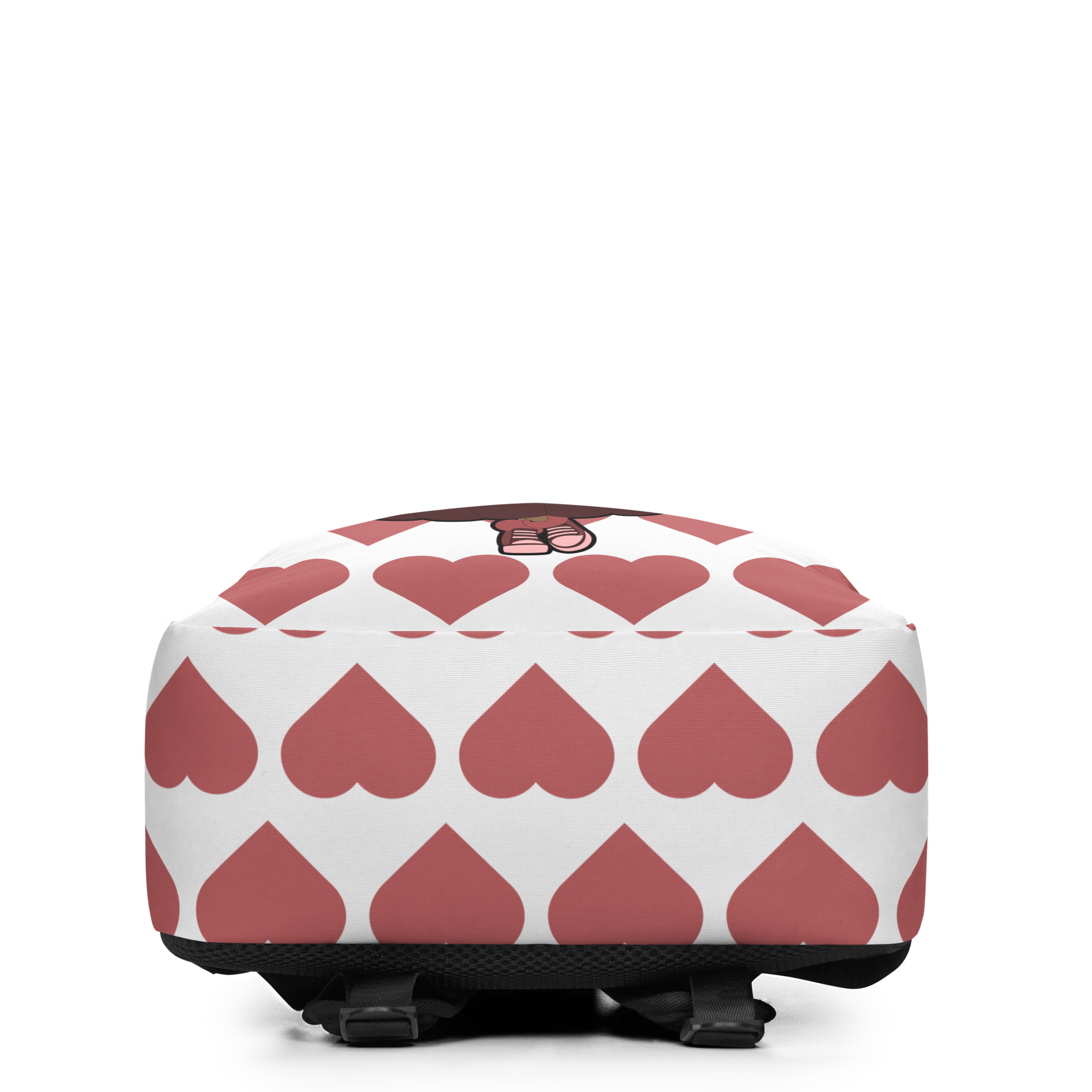 Radiant Ruby Backpack by Coco Pixies with a Black girl pixie, curly afro puffs and dusty rose heart pattern