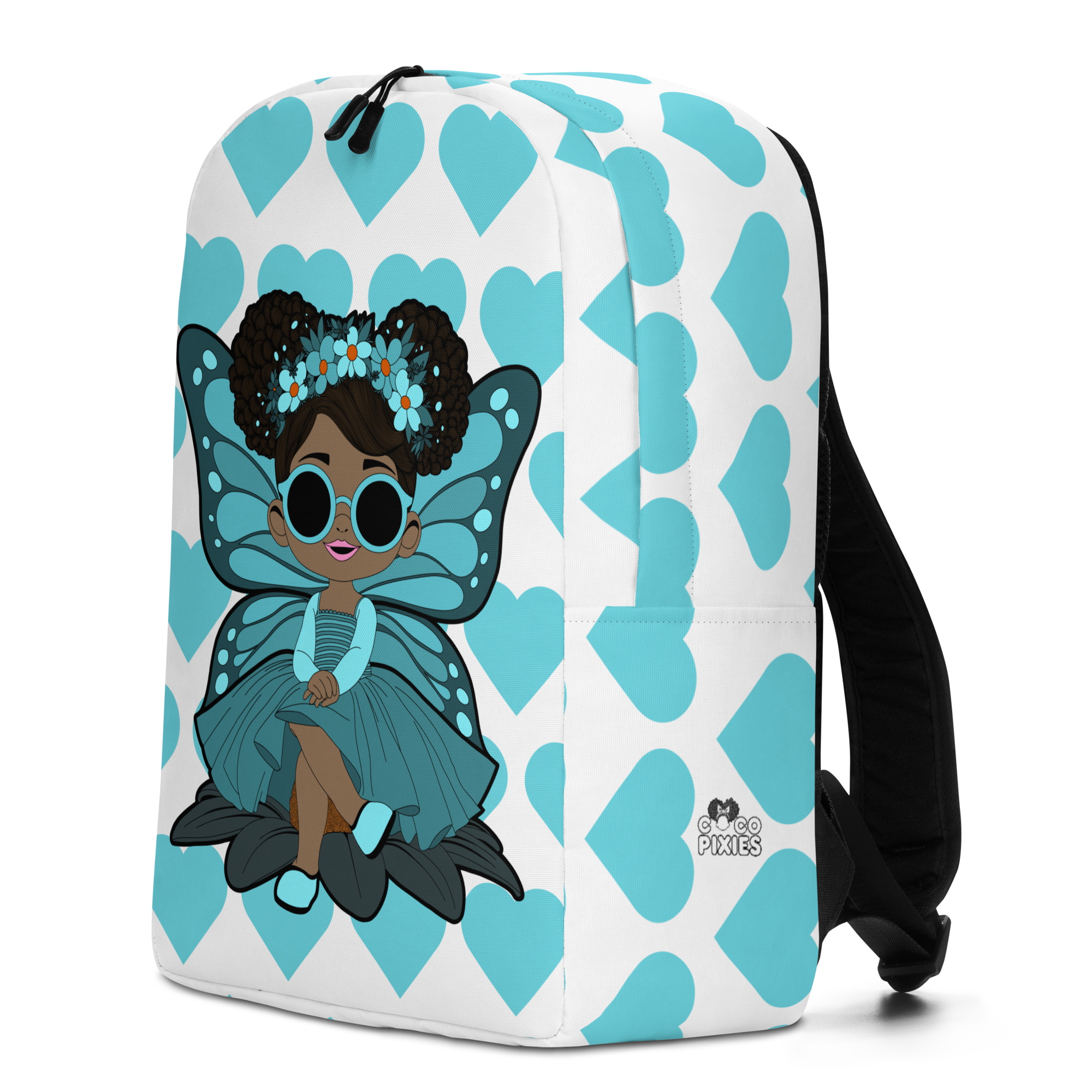 Sassy Sammy Pixie Backpack by Coco Pixies with aqua heart pattern, afro puffs, sunglasses and teal wings