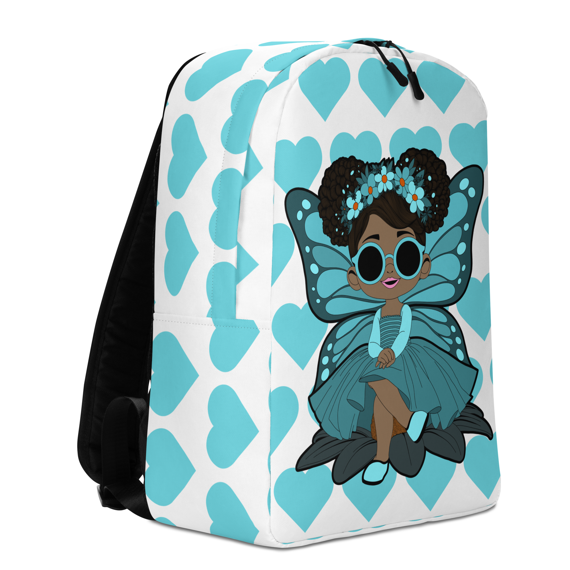 Sassy Sammy Pixie Backpack by Coco Pixies with aqua heart pattern, afro puffs, sunglasses and teal wings
