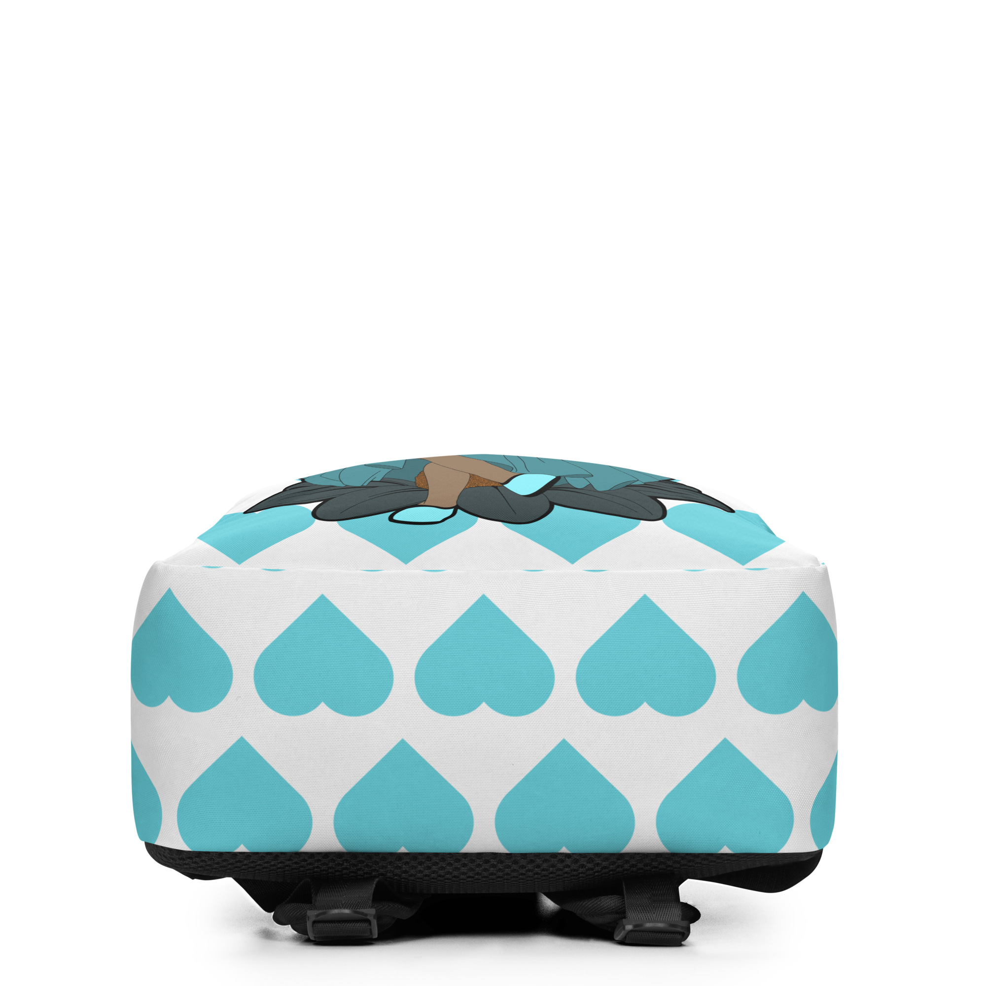 Sassy Sammy Pixie Backpack by Coco Pixies with aqua heart pattern, afro puffs, sunglasses and teal wings