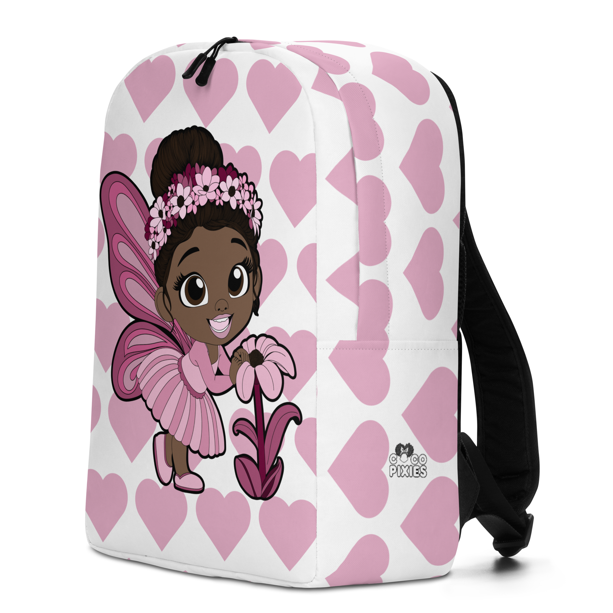Tara Twinkle Pixie Backpack with Coco Pixies pink Signature Heart Pattern and floral character artwork