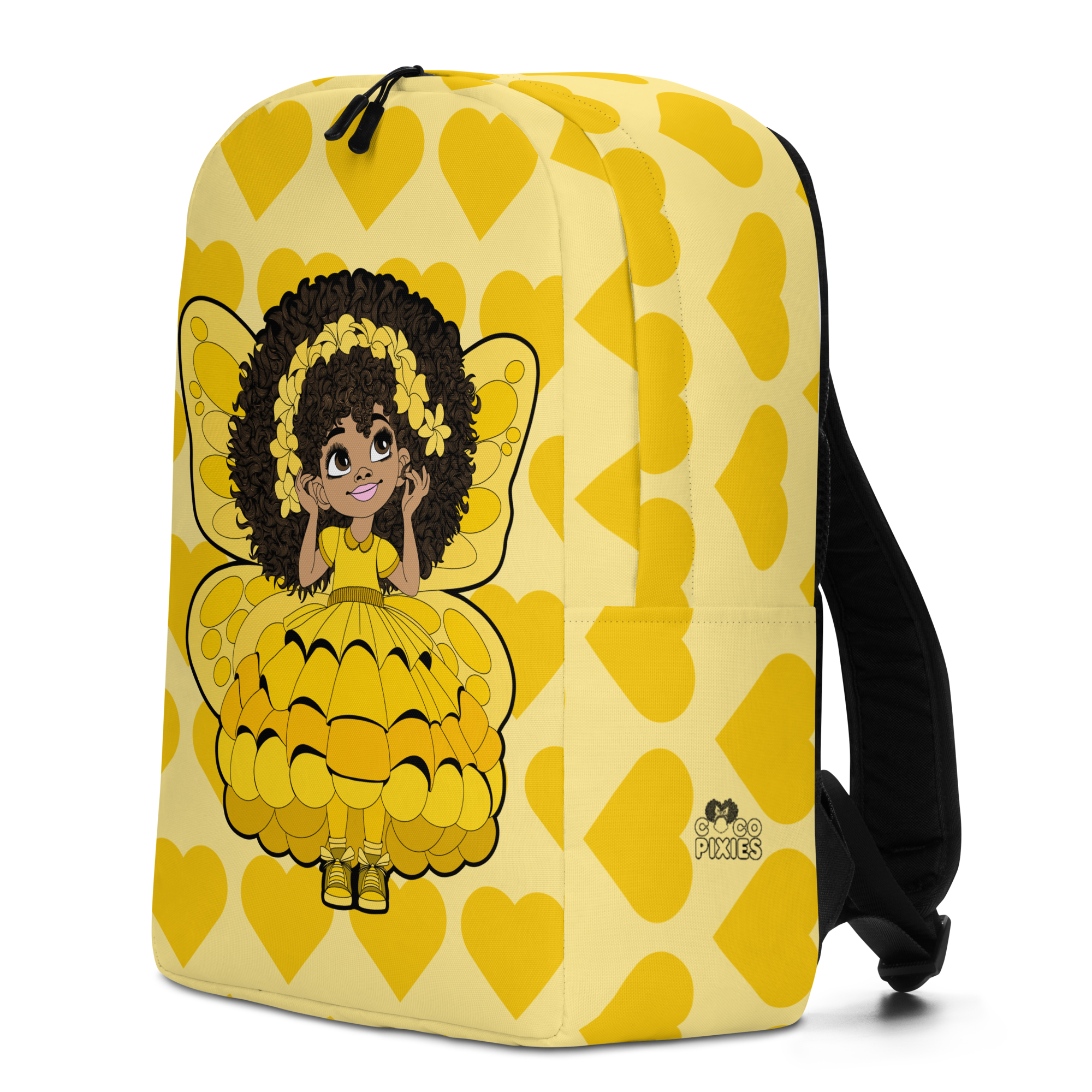 Blissful Brandie Pixie Backpack by Coco Pixies with golden yellow hearts, curly-haired Black girl pixie and yellow wings