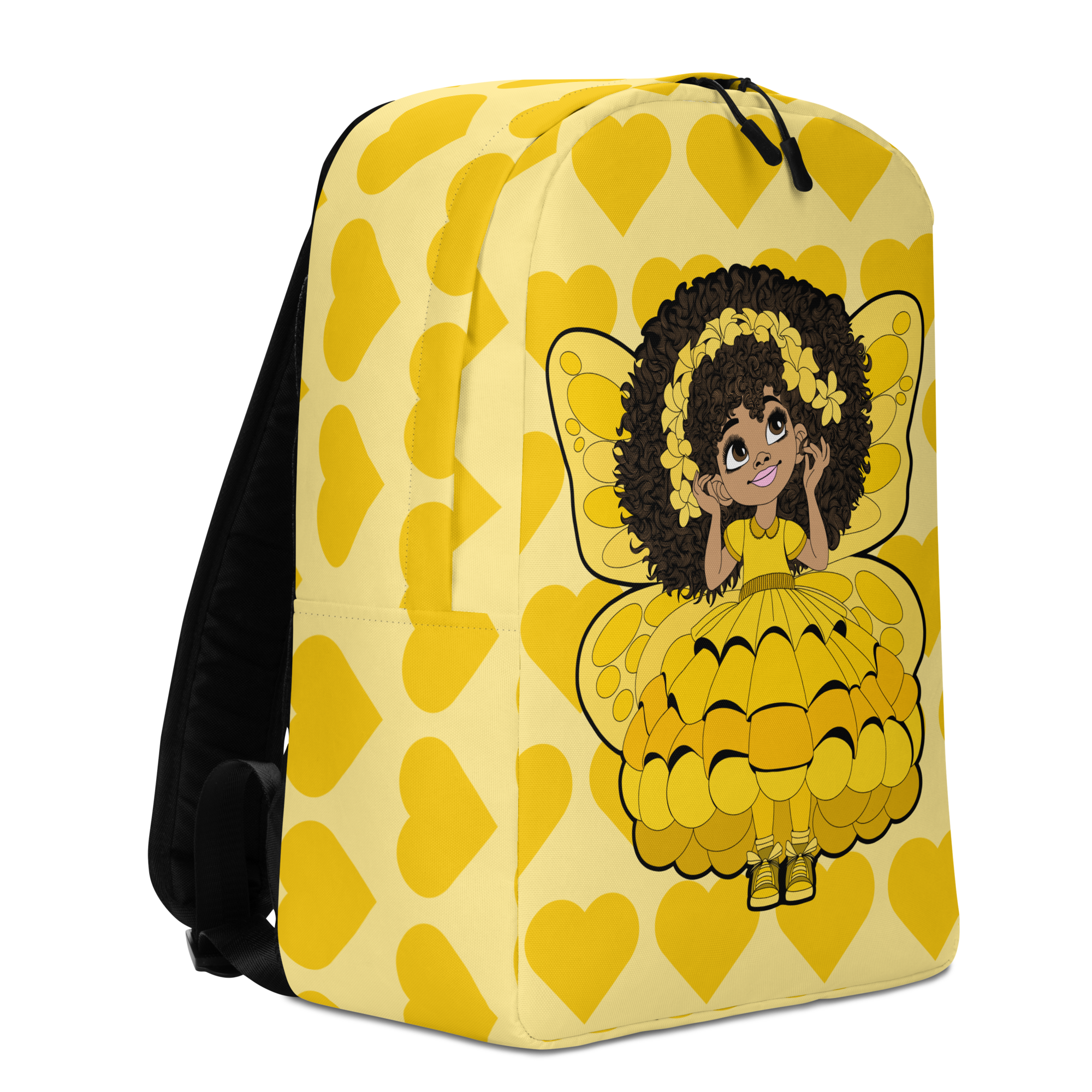 Blissful Brandie Pixie Backpack by Coco Pixies with golden yellow hearts, curly-haired Black girl pixie and yellow wings