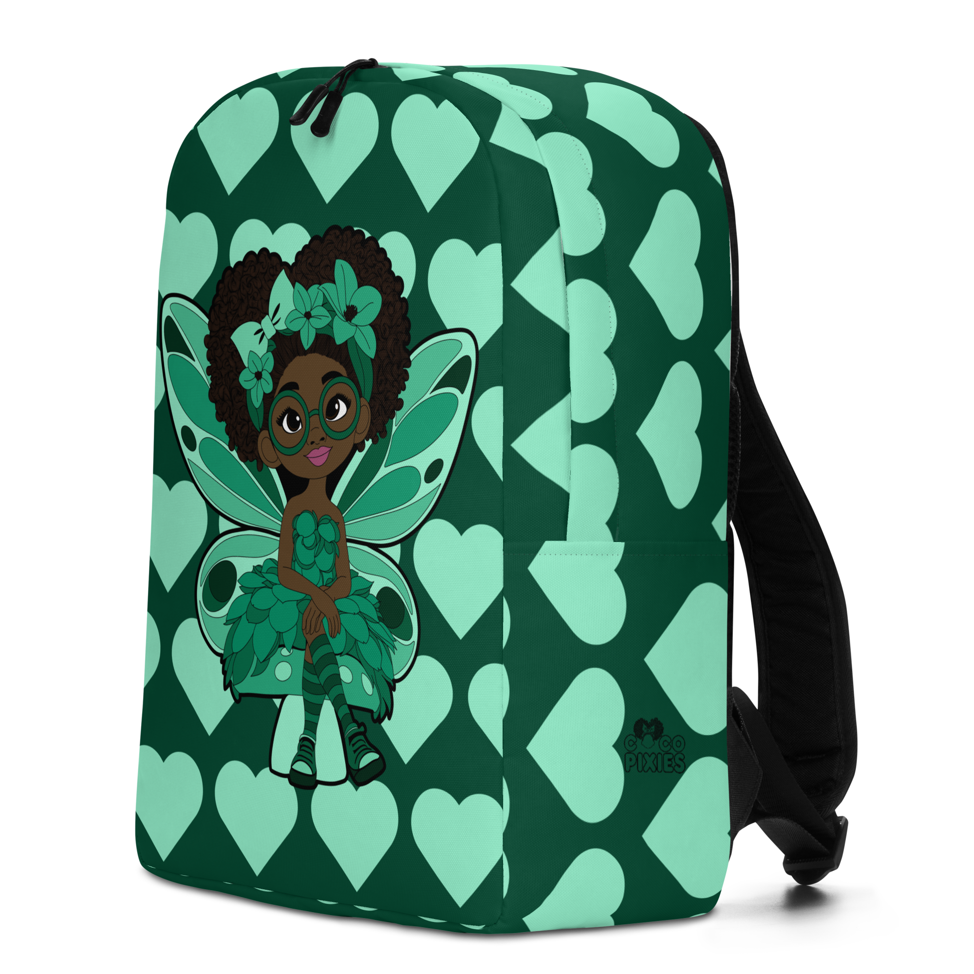 Brilliant Bailey Pixie Backpack by Coco Pixies featuring a Black girl pixie with a curly afro, green wings and mint hearts on emerald green.