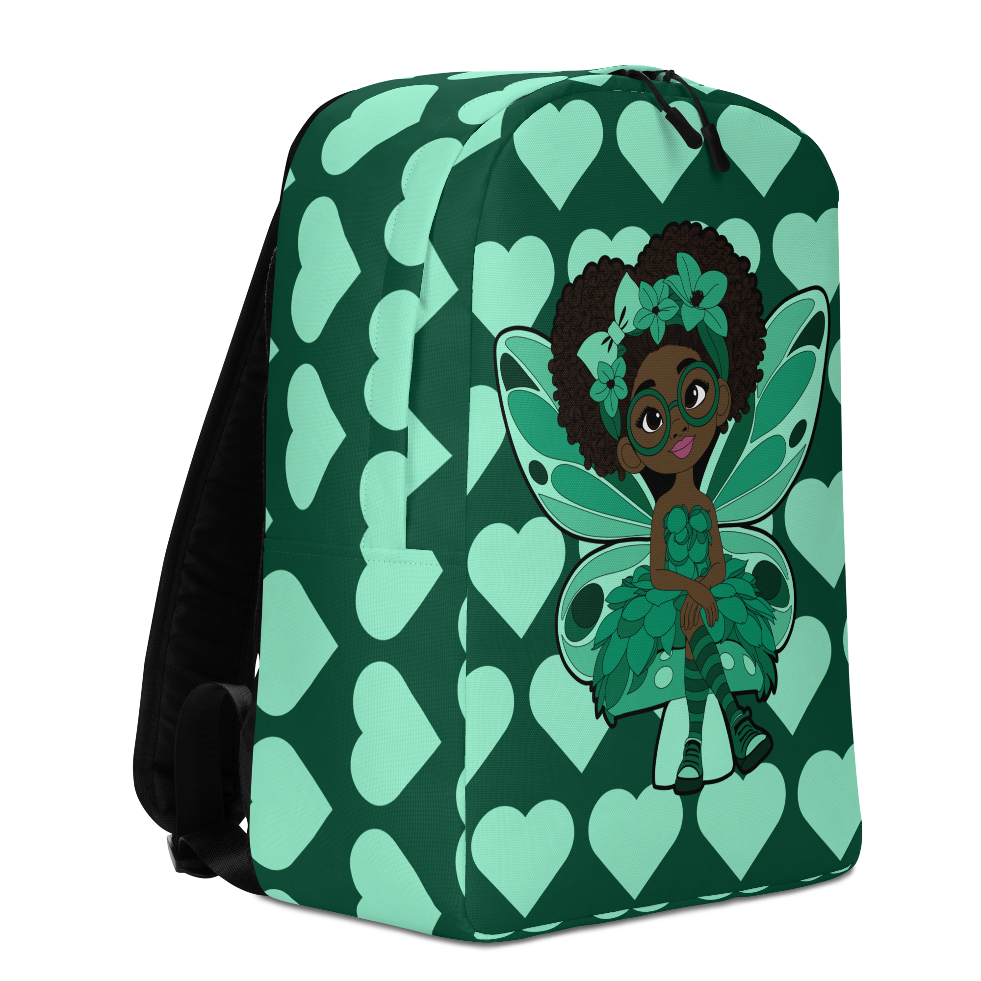 Brilliant Bailey Pixie Backpack by Coco Pixies featuring a Black girl pixie with a curly afro, green wings and mint hearts on emerald green.