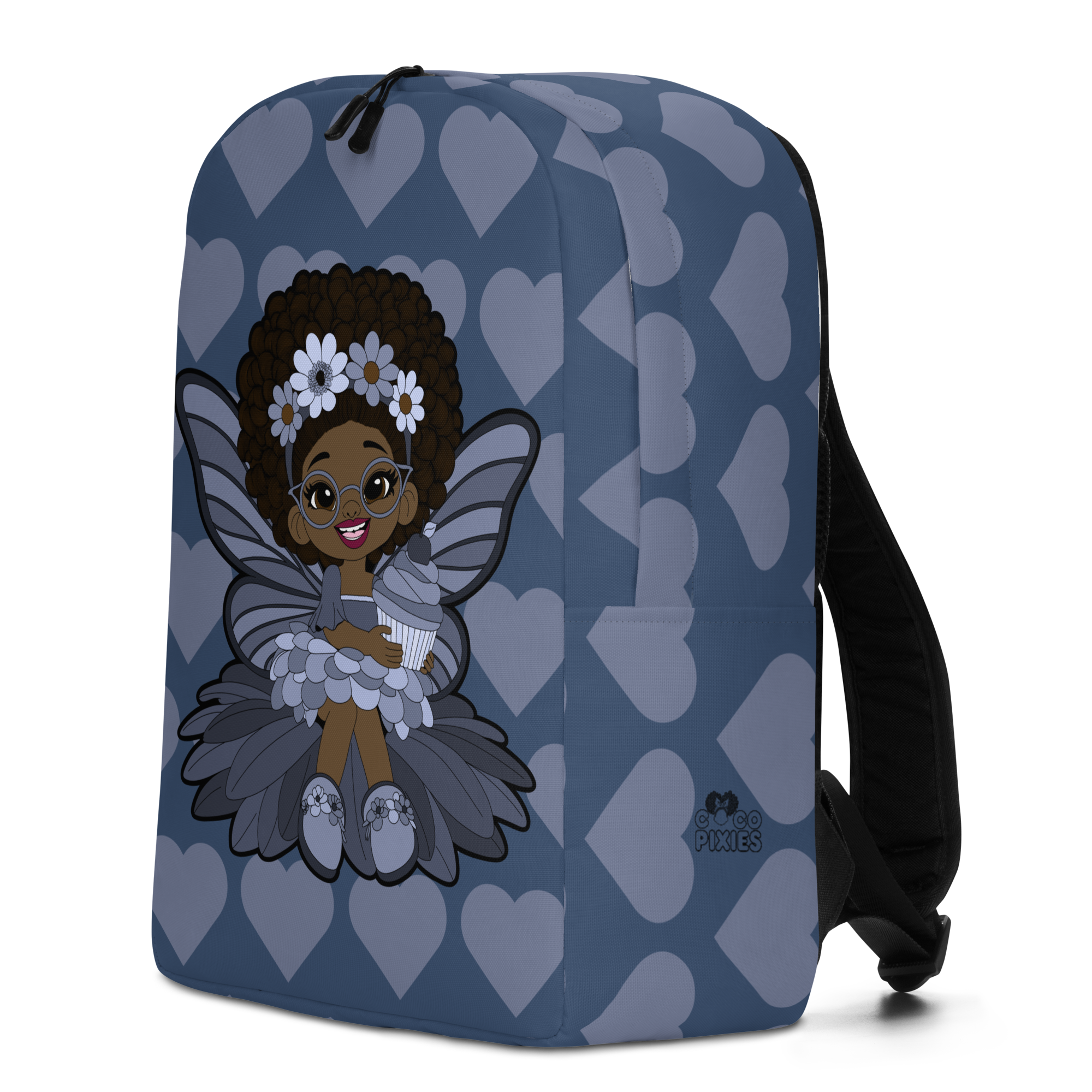 Slate blue Coco Pixies backpack with Bubbly Brooke fairy, cupcake, gray wings, and afro puffs. Fun, bold, and perfect for magical girls.