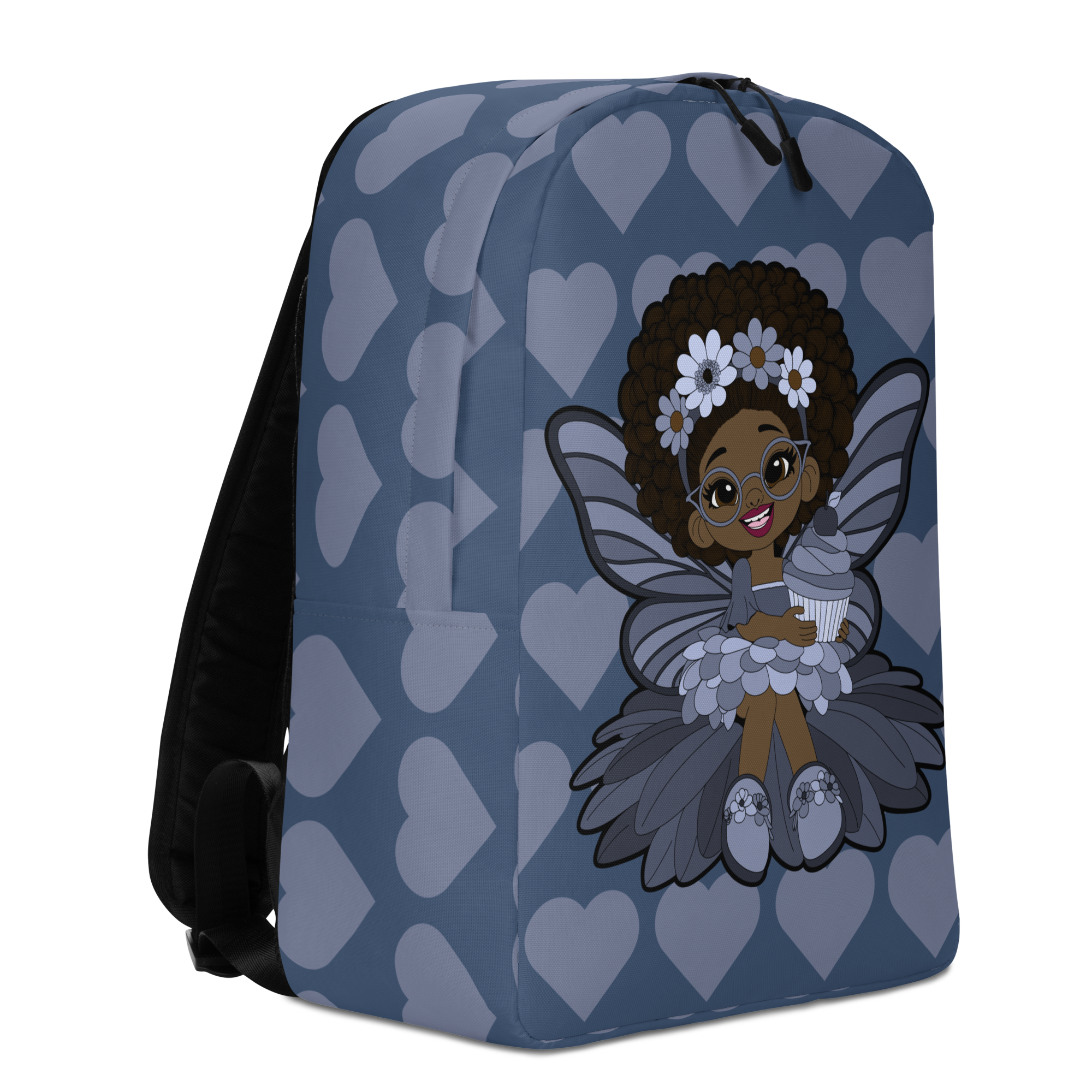 Slate blue Coco Pixies backpack with Bubbly Brooke fairy, cupcake, gray wings, and afro puffs. Fun, bold, and perfect for magical girls.