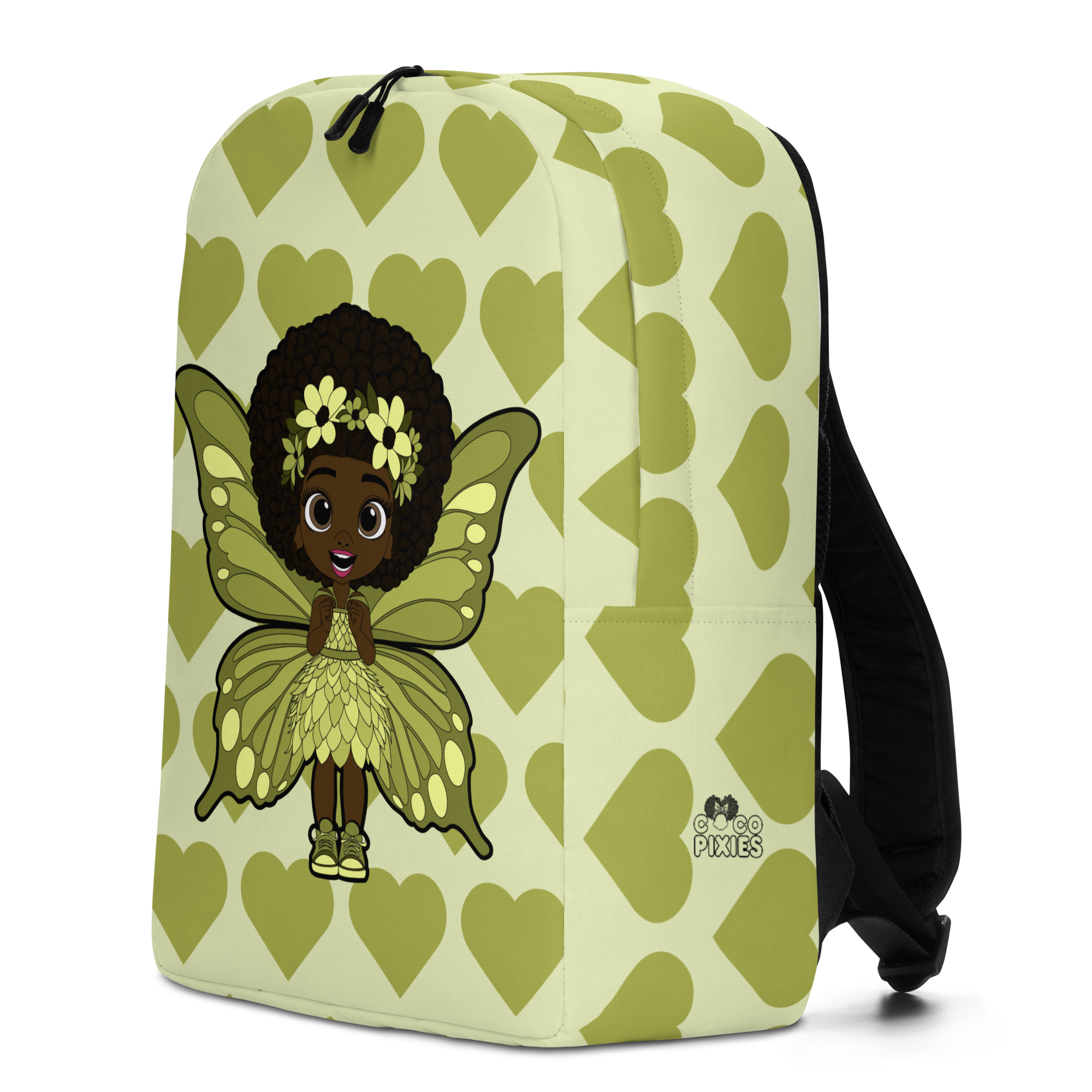 Cheerful Charlotte Pixie Backpack by Coco Pixies featuring a Black girl pixie with natural curls, soft green wings and a soft green signature heart pattern.