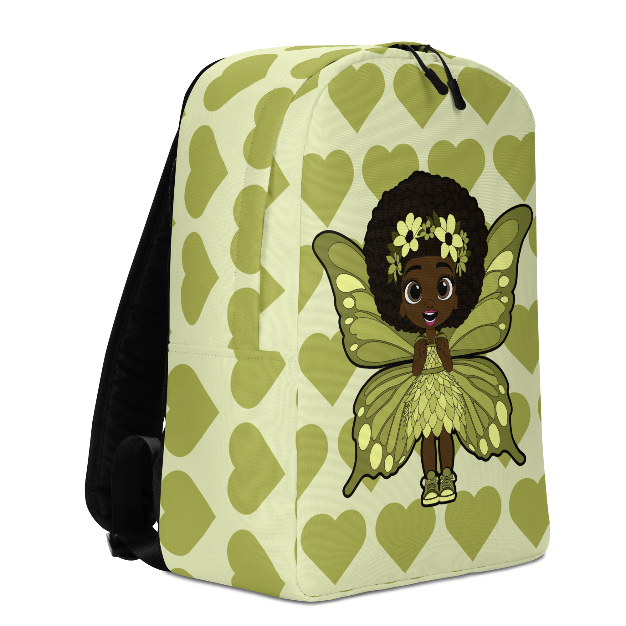 Cheerful Charlotte Pixie Backpack by Coco Pixies featuring a Black girl pixie with natural curls, soft green wings and a soft green signature heart pattern.