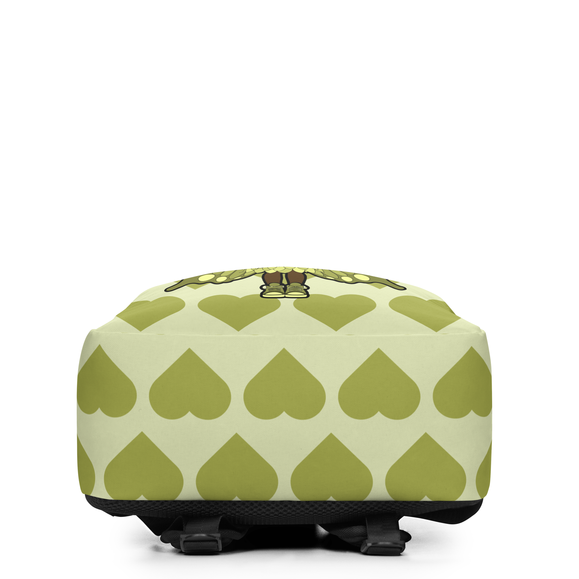 Cheerful Charlotte Pixie Backpack by Coco Pixies featuring a Black girl pixie with natural curls, soft green wings and a soft green signature heart pattern.