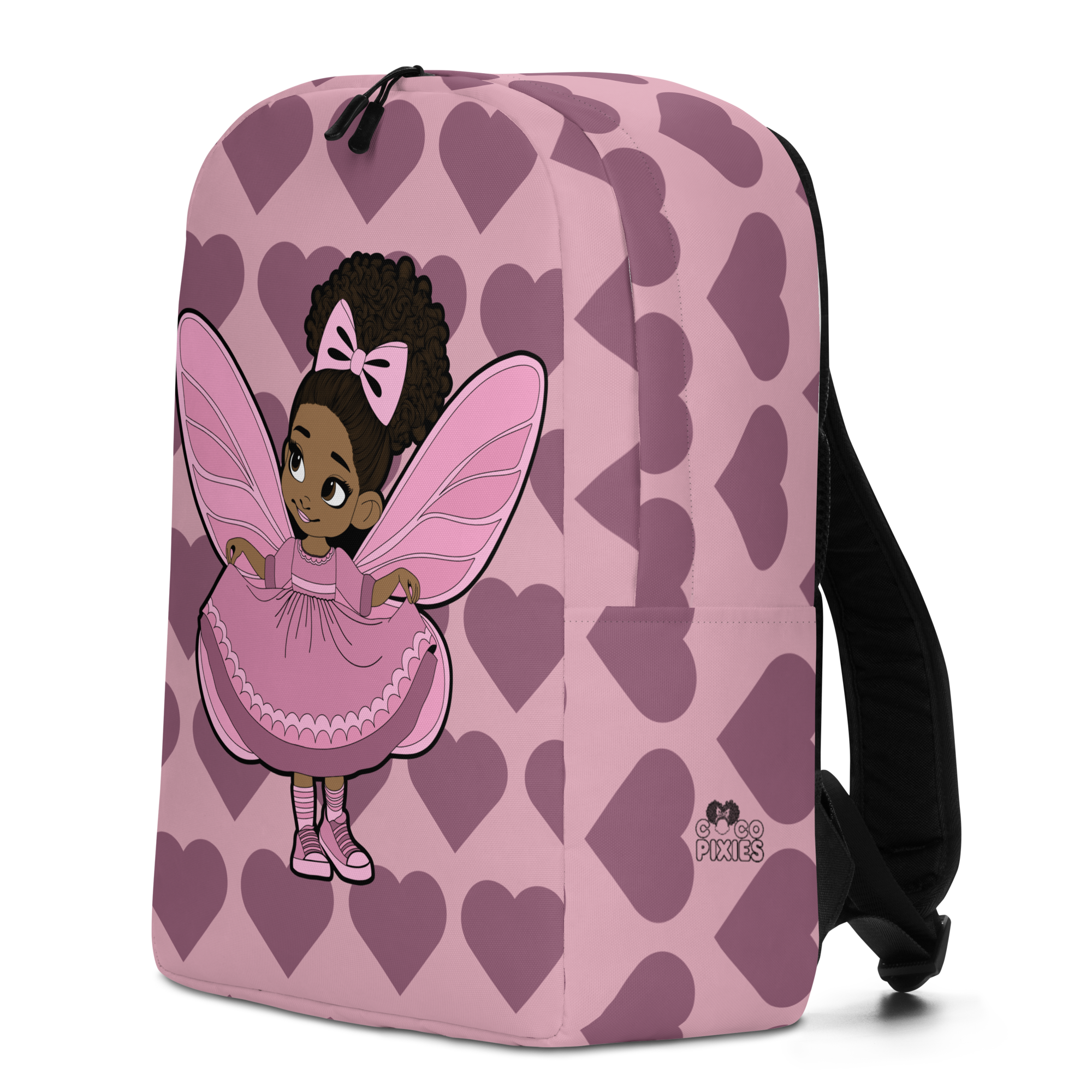 Darling Daphne Pixie Backpack by Coco Pixies featuring a Black girl pixie and mauve signature heart pattern.