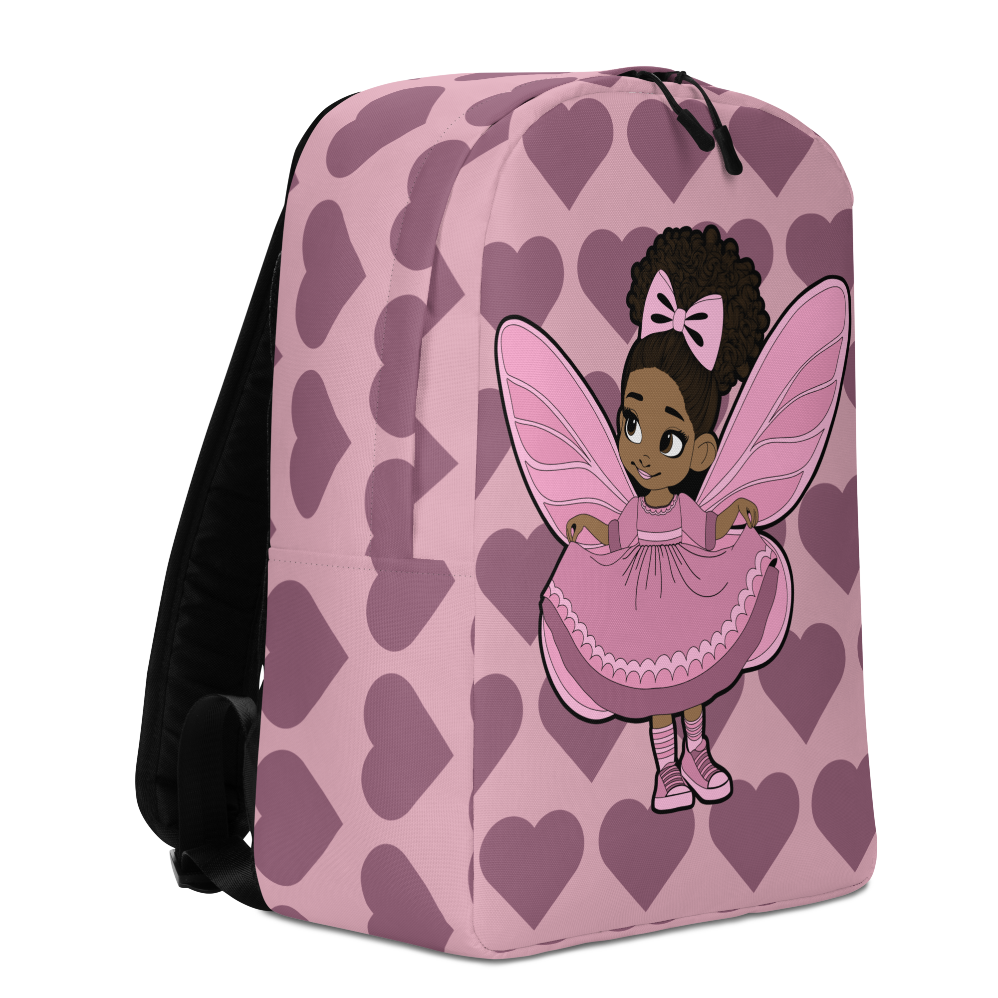 Darling Daphne Pixie Backpack by Coco Pixies featuring a Black girl pixie and mauve signature heart pattern.