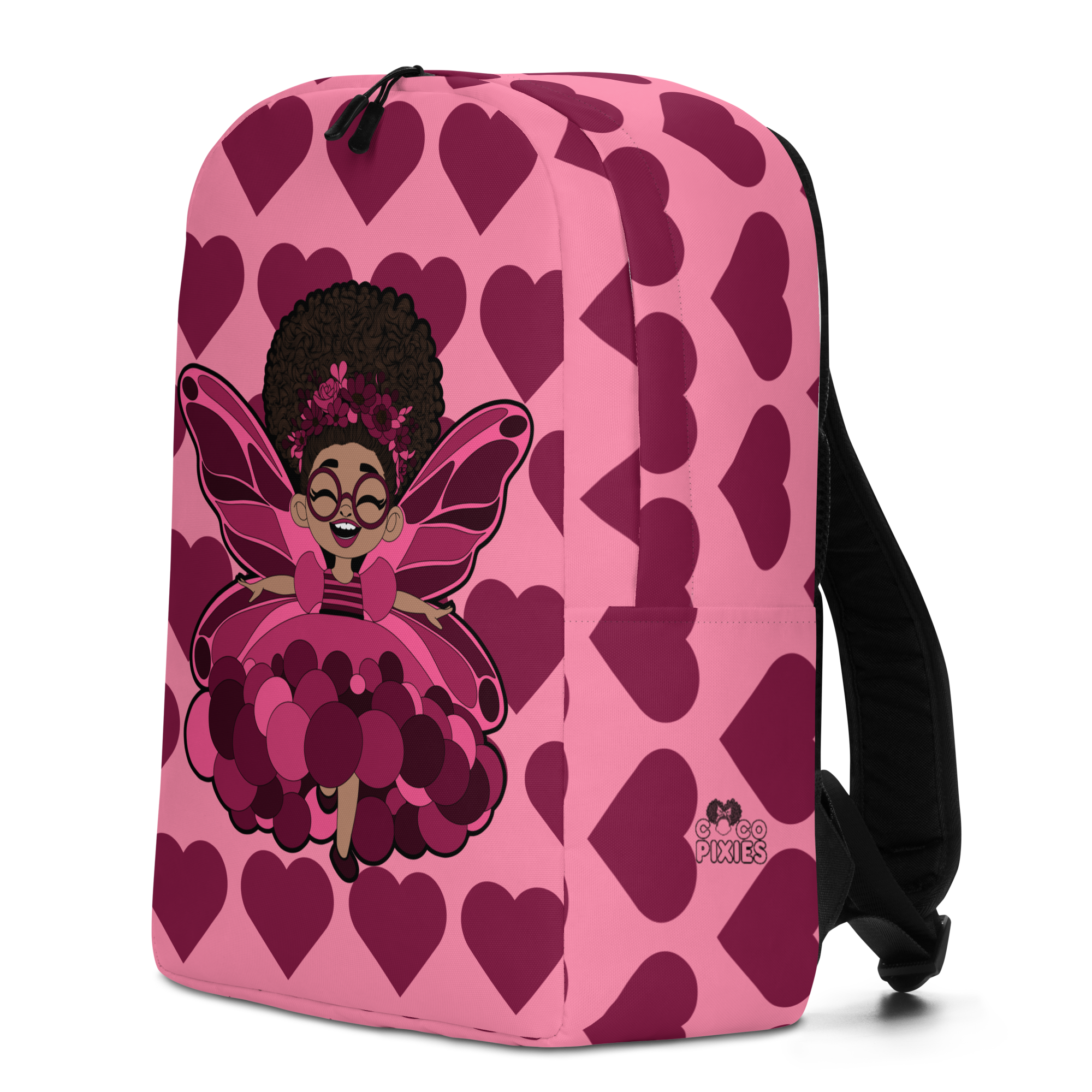 Delightful Daisy Pixie Backpack by Coco Pixies with berry pink hearts, glasses and curly afro puff