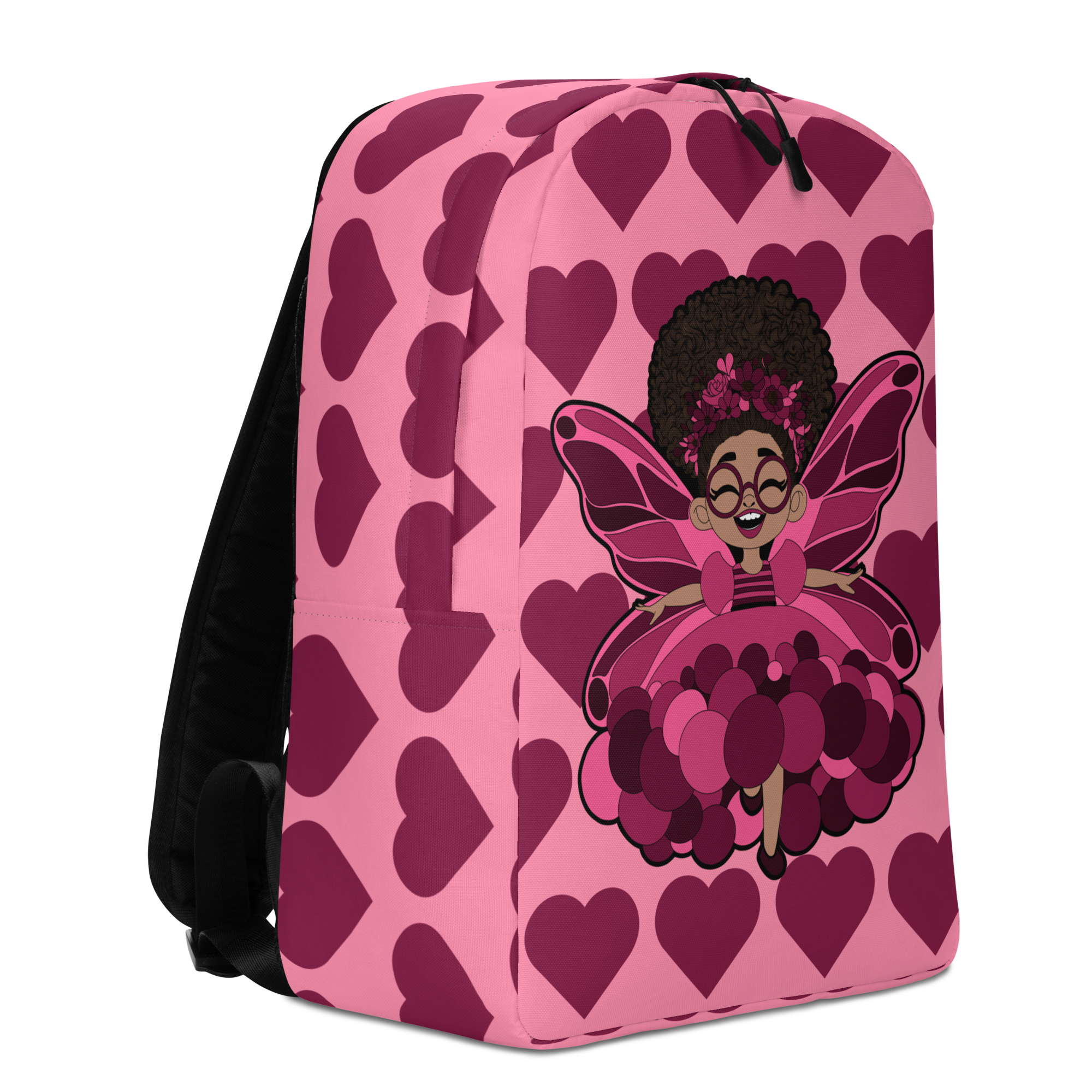 Delightful Daisy Pixie Backpack by Coco Pixies with berry pink hearts, glasses and curly afro puff