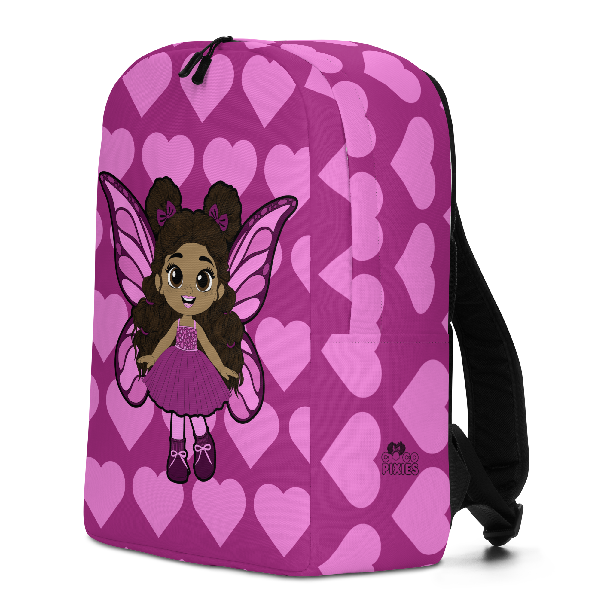 Fiona Flutter Pixie Backpack by Coco Pixies with a magenta background and pink signature heart pattern