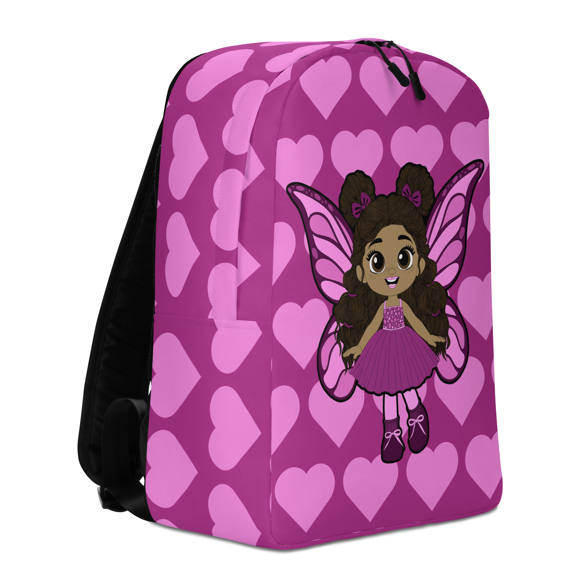 Fiona Flutter Pixie Backpack by Coco Pixies with a magenta background and pink signature heart pattern