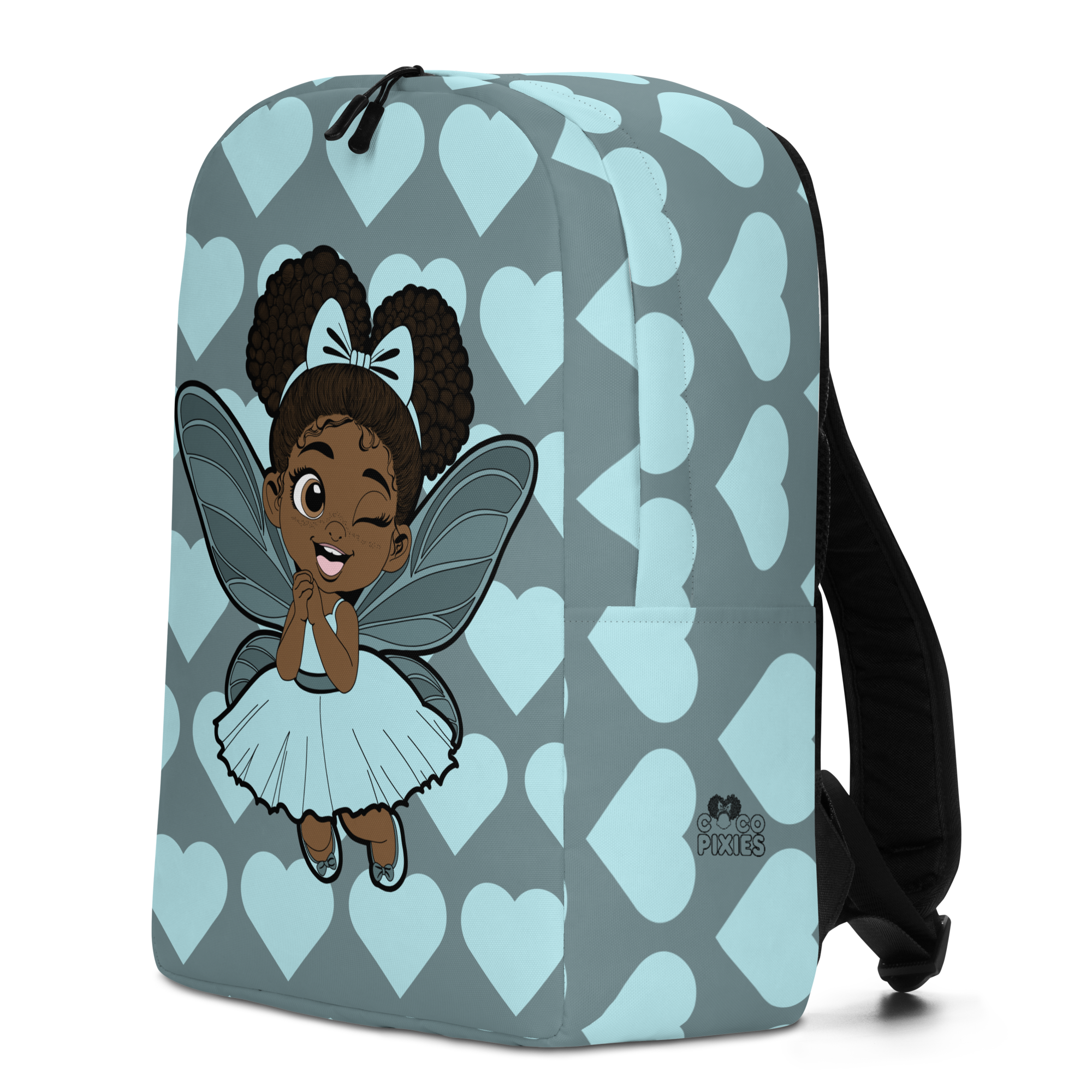 Coco Pixies Gleeful Grace girls backpack featuring a Black girl pixie and icy blue signature heart pattern
