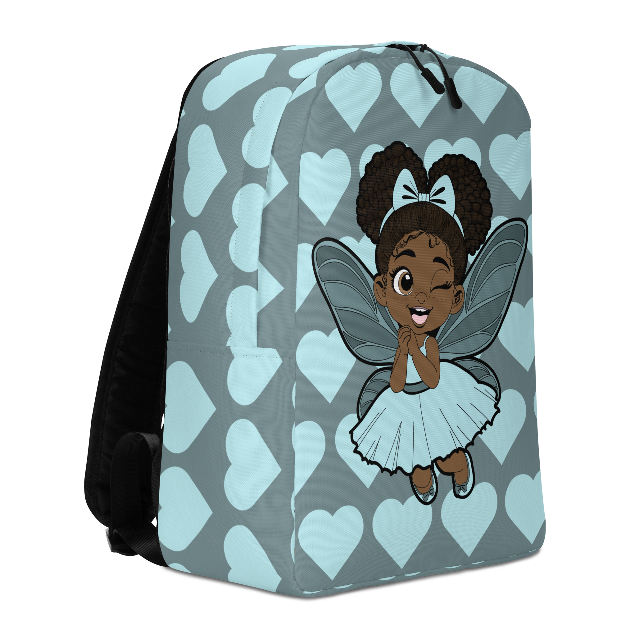Coco Pixies Gleeful Grace girls backpack featuring a Black girl pixie and icy blue signature heart pattern