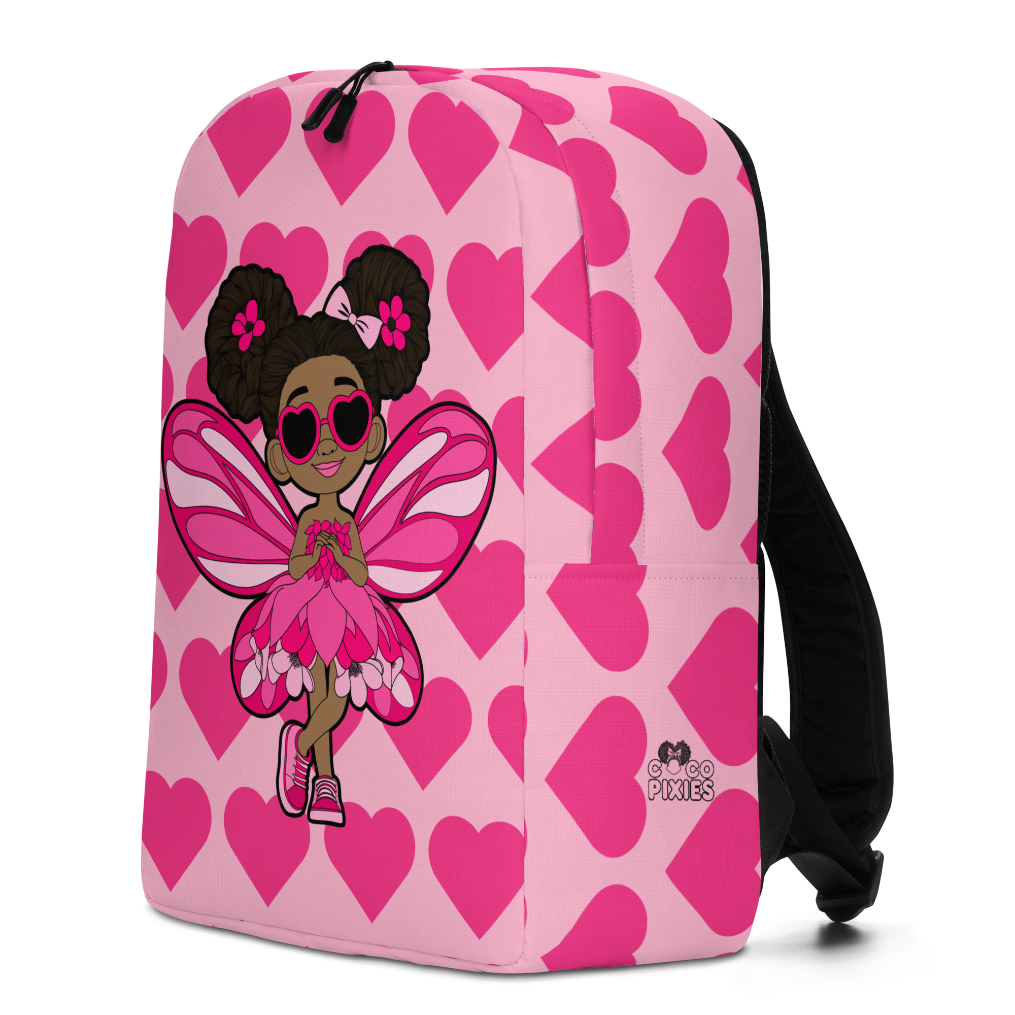 Glitzy Gracelynn Pixie Backpack by Coco Pixies with bubblegum pink hearts, afro puffs and pink wings