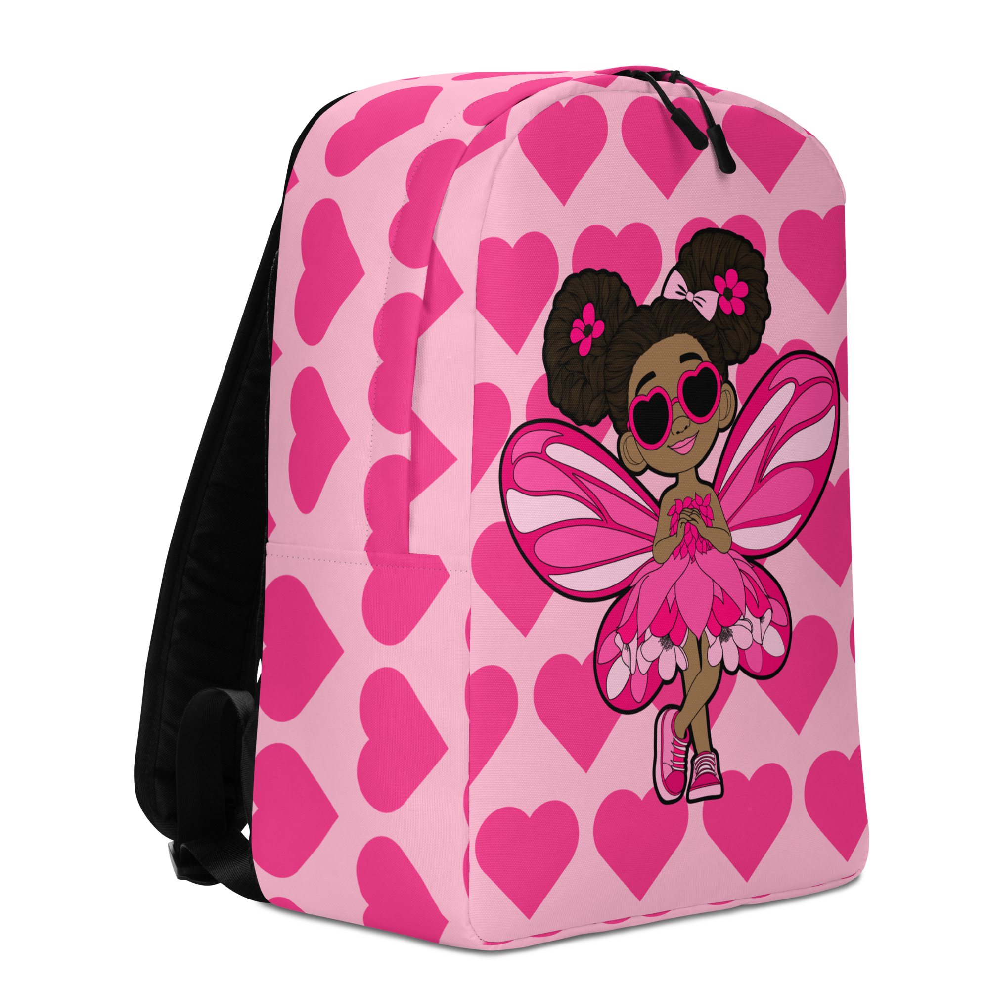 Glitzy Gracelynn Pixie Backpack by Coco Pixies with bubblegum pink hearts, afro puffs and pink wings