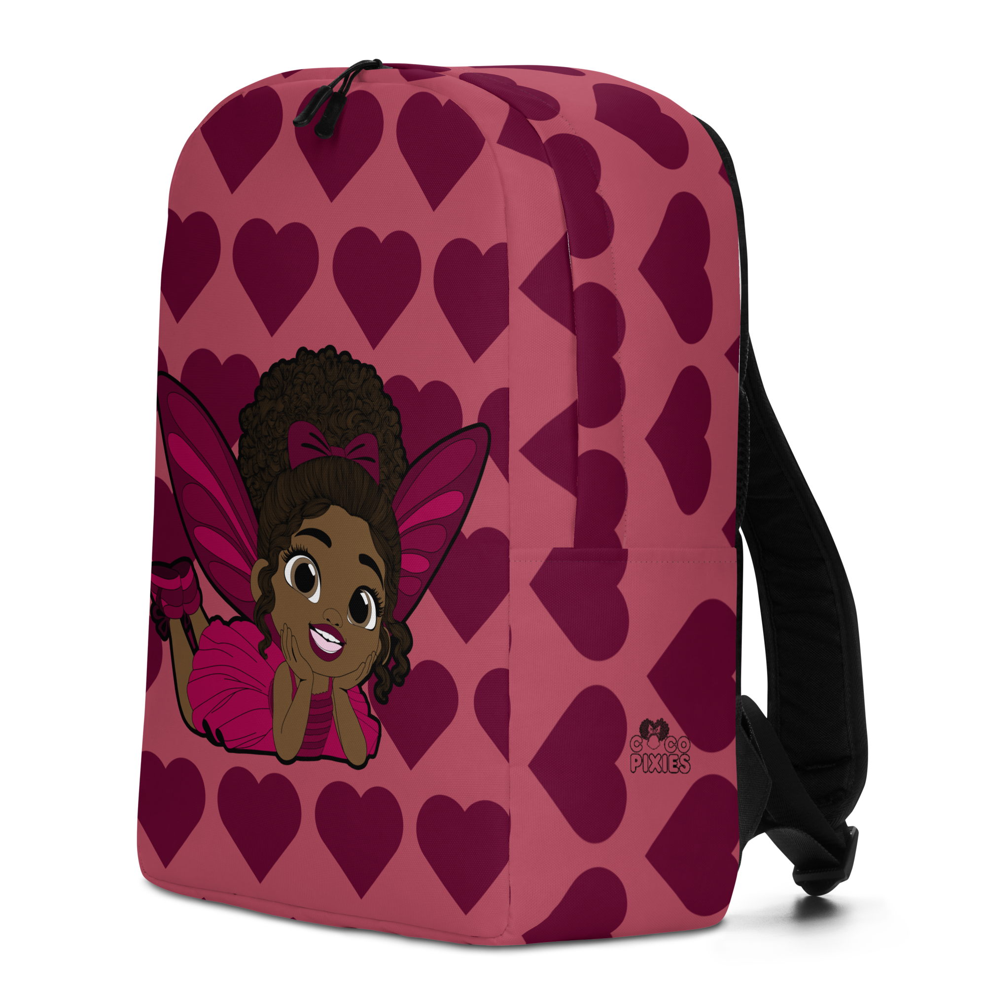 Happy Harper Pixie Backpack by Coco Pixies with a deep rose background and burgundy signature hearts