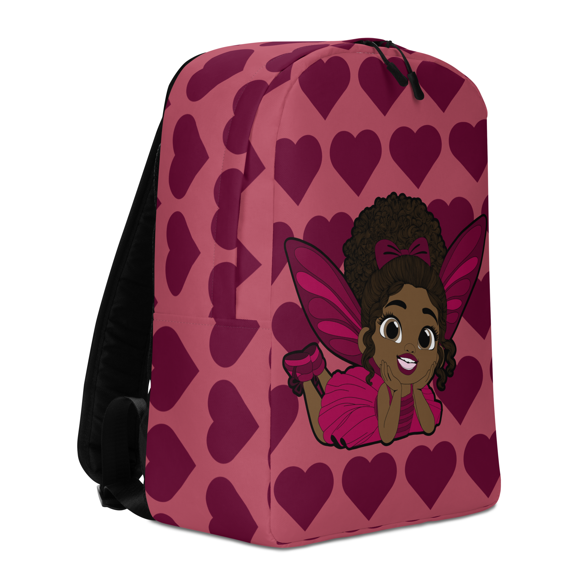 Happy Harper Pixie Backpack by Coco Pixies with a deep rose background and burgundy signature hearts