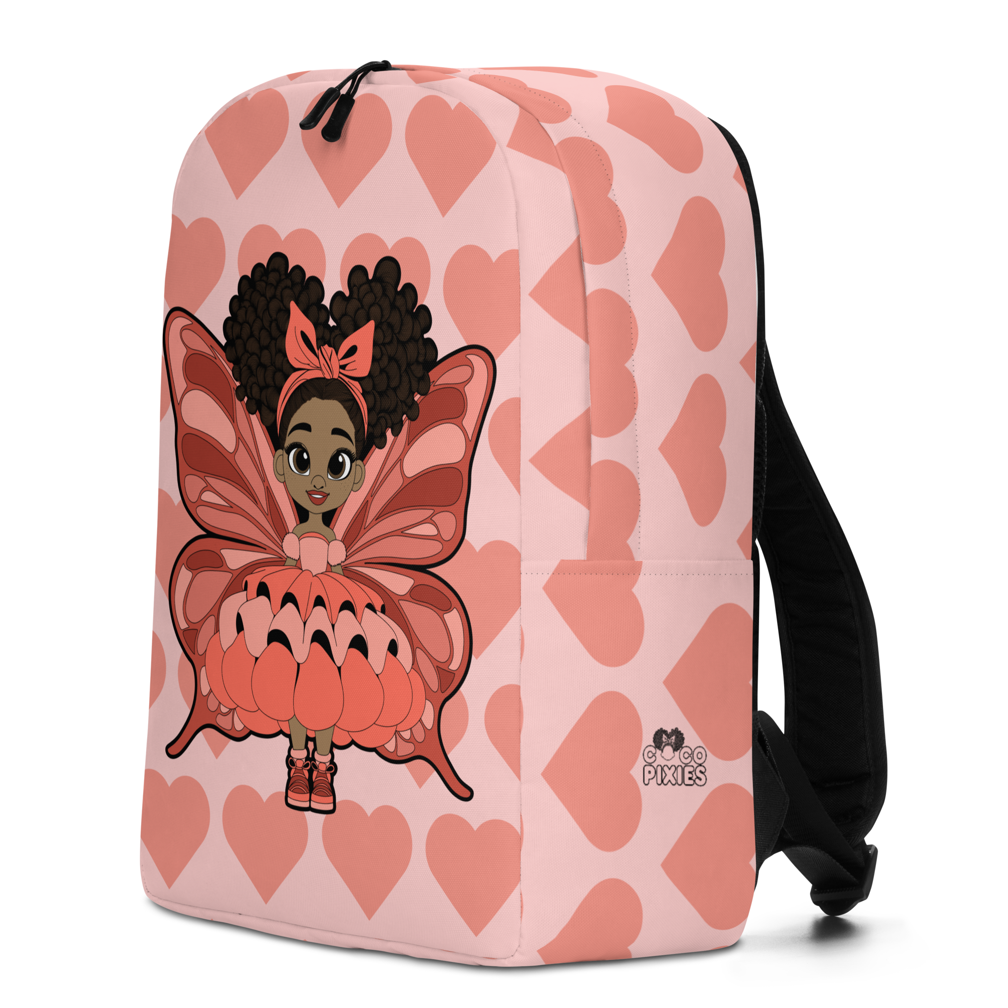 Lovely Layla Pixie Backpack by Coco Pixies with coral hearts, afro puffs, layered wings and petal dress