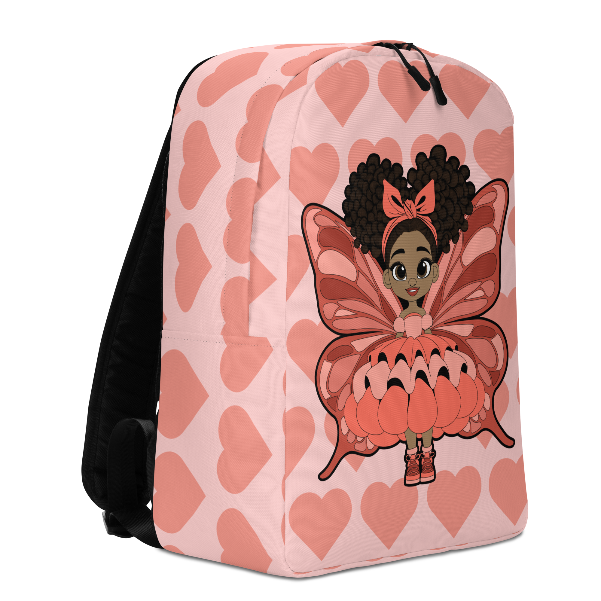 Lovely Layla Pixie Backpack by Coco Pixies with coral hearts, afro puffs, layered wings and petal dress